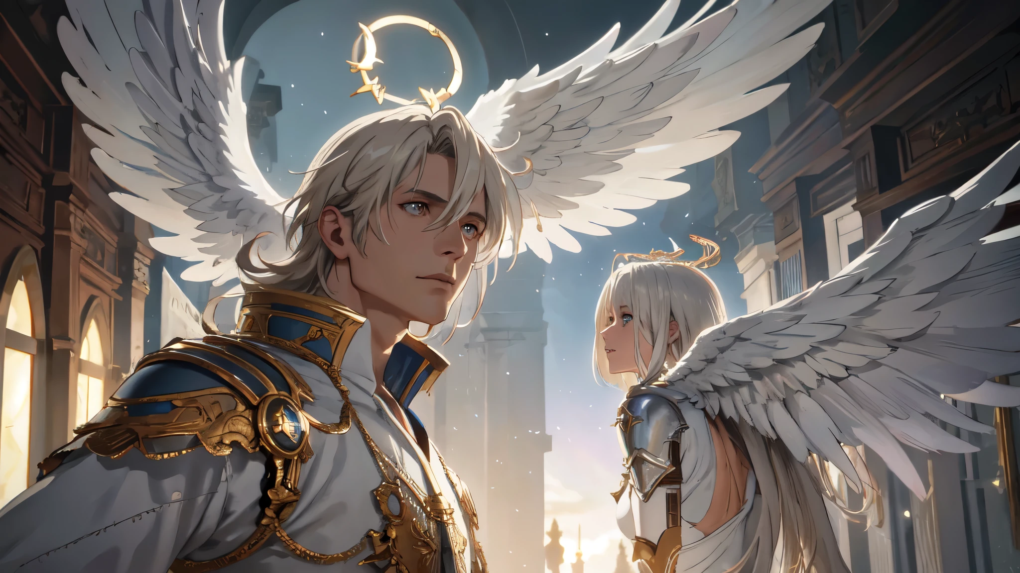 The Horde of Male Celestial Angels Descending from the Sky, crowd, male, many warriors, shiny armor, angel wings, halo, realistic epic, soft cinematic portrait, Adobe Lightroom, Photo Lab, highly detailed, faded, (neutral colors: 1.2), (HDR: 1.4), (soft colors:1.2), hyperdetailed, (Artstation:1.4), cinematic, warm lights, dramatic light, (intricate details:1.1), complex background, (Rutkowski:0.66), (blue and orange:0.4)