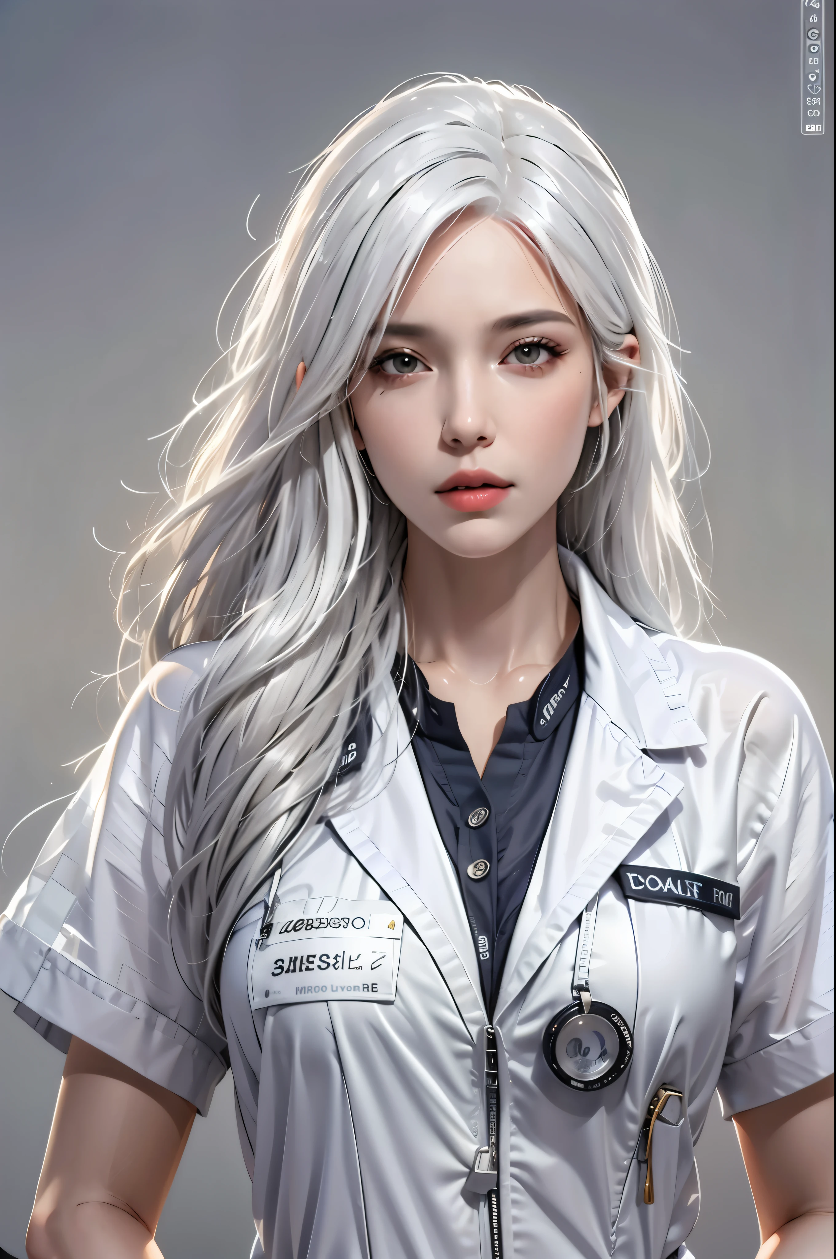 Close-up of a woman with a stethoscope on her chest, perfect gray hair girl, up to the model | germ of art, gray hairの, doctor, Written by Russell Dongjun Lu, beautiful digital artwork, gray hair, realistic digital art 4 k, gray hairの女の子, realistic digital art 4k, realistic. Chen Yi, (doctor)