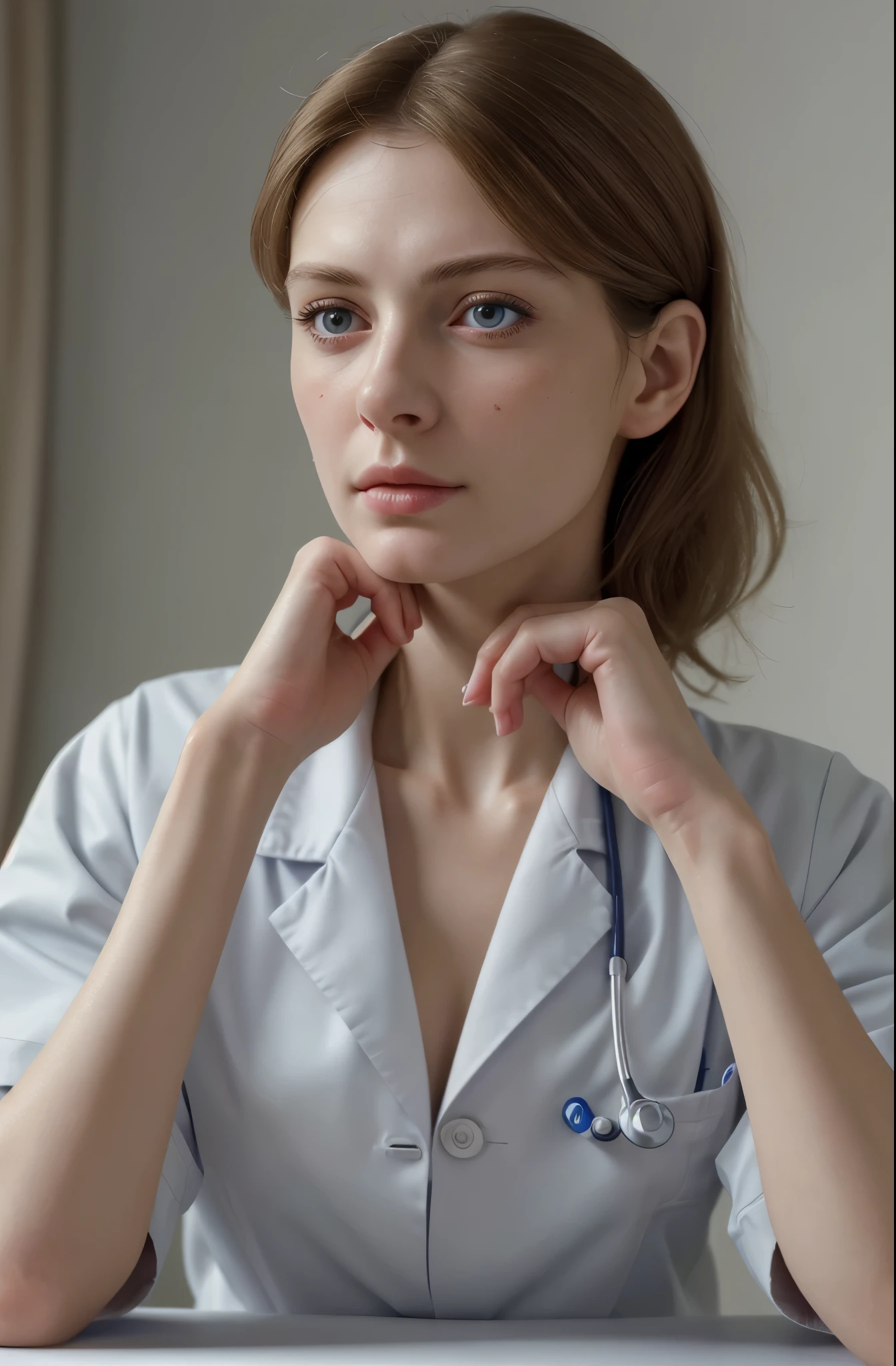 masterpiece, best quality, extremely detailed, hyperrealistic, photorealistic, a beautiful french doctor, doctor uniform, one hand up, elbows on table, placing her hand on her cheek, hospital:1.1, ultra detailed face