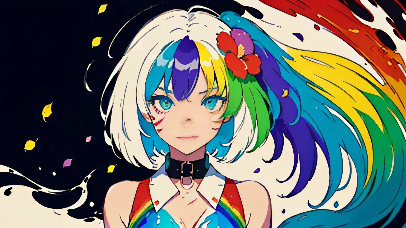 (Colorful hair: 1.8), (all colors of the rainbow: 1.8),(((((Vertical painting:1.6))), (Painting:1.6),Front, Comics, Illustrations, painting of a, largeeyes, Crystal clear eyes,( rainbow color gradient high ponytail:1.7), Exquisite makeup, smile face,(Small Fresh: 1.5),(Wipe Chest: 1.6) ,Long eyelashes, white off-the-shoulder, crop top,staring towards the viewer, watery big eyes, (Rainbow-colored hair:1.6), colored splashing, (Solo:1.8), colored splashing, Color explosion, Thick Paint Style, Messy lines, ((Shining)),(Colorful), (Colorful), (Colorful), Colorful, beautiful color gradient shading, Thick Paint Style, (Splash) (colored splashing), Vertical painting, Upper body, Paint splashes, Acrylic Pigment, Gradient, Paint, Highest image quality, Highest quality, masutepiece, Solo, depth of fields, facepaint, multicolored clothing, (elegant: 1.2), Gorgeous,Long hair, Wind, (elegant: 1.3), (Flower petals: 1.4),(((masutepiece))),(((Best quality))),((Ultra-detailed)),(illustration),(Dynamic Angle),((Floating)),(Paint),((Disheveled hair)),(Solo),(1girl in) , (((Detailed anima face))),((beautifull detailed face)),Collar,Bare shoulders,White hair, ((Colorful hair)),((striated hair)),Beautiful detailed eyes,(Gradient color eyes),(((Colorful eyes))),(((Colorful background))),(((High color saturation))),(((Surrounded by colorful splashes))), big breast