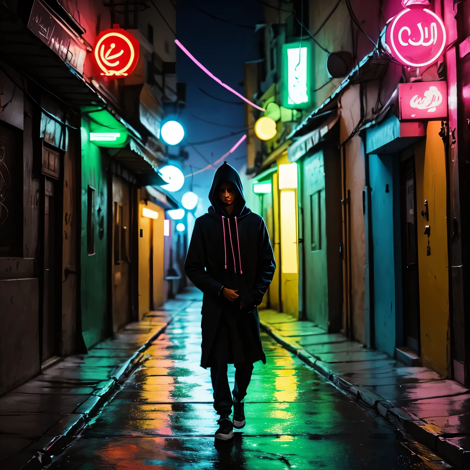 Hooded boy in neon street iran