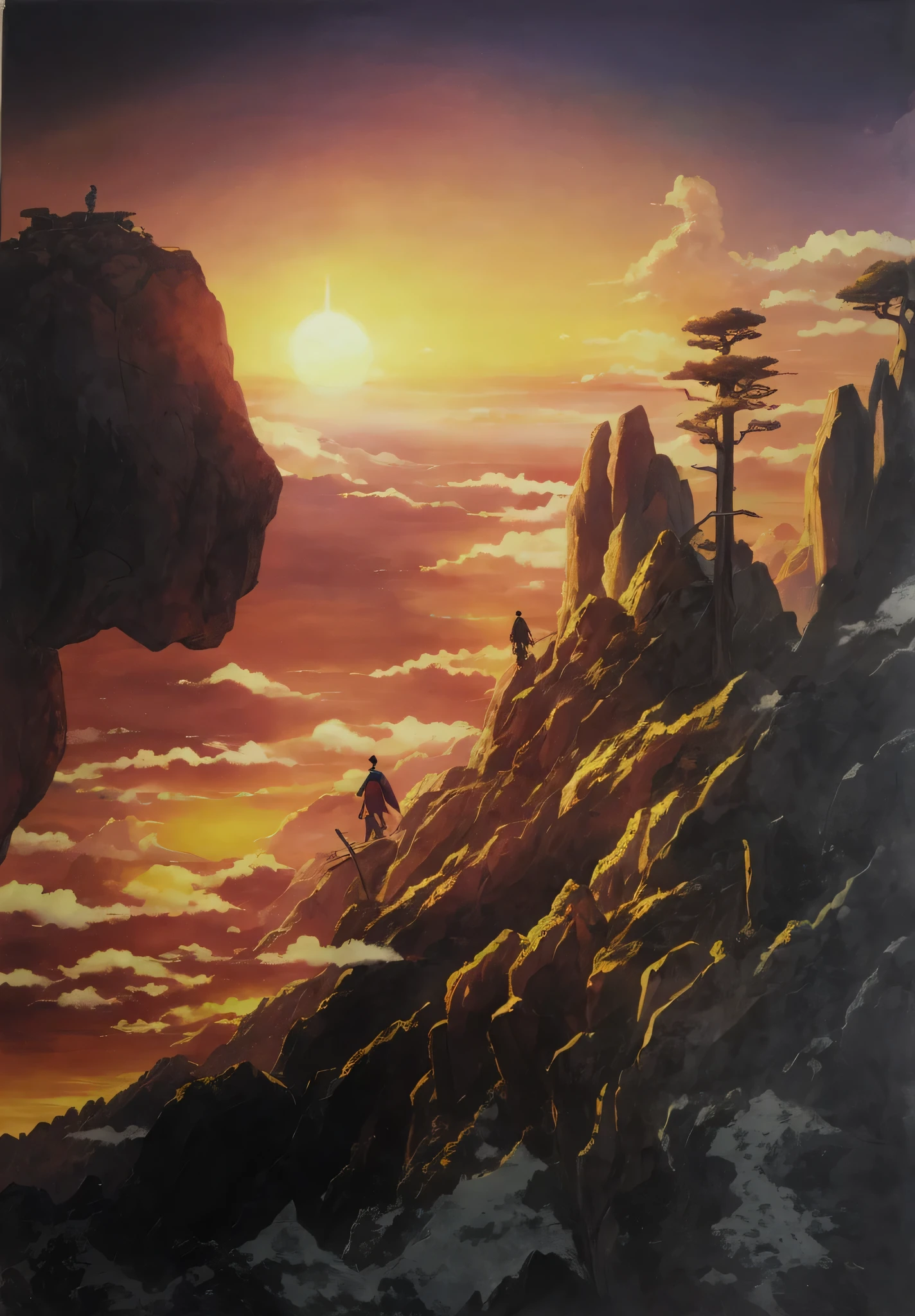 painting of a sunset with a group of people on a mountain, dojo on a mountain, makoto sinkai, inspired by Kanō Sansetsu, legend of korra setting, inspired by Kanō Hōgai, anime landscape, inspired by Sōtarō Yasui, noriyoshi ohrai masterpiece, attack on titan scenery