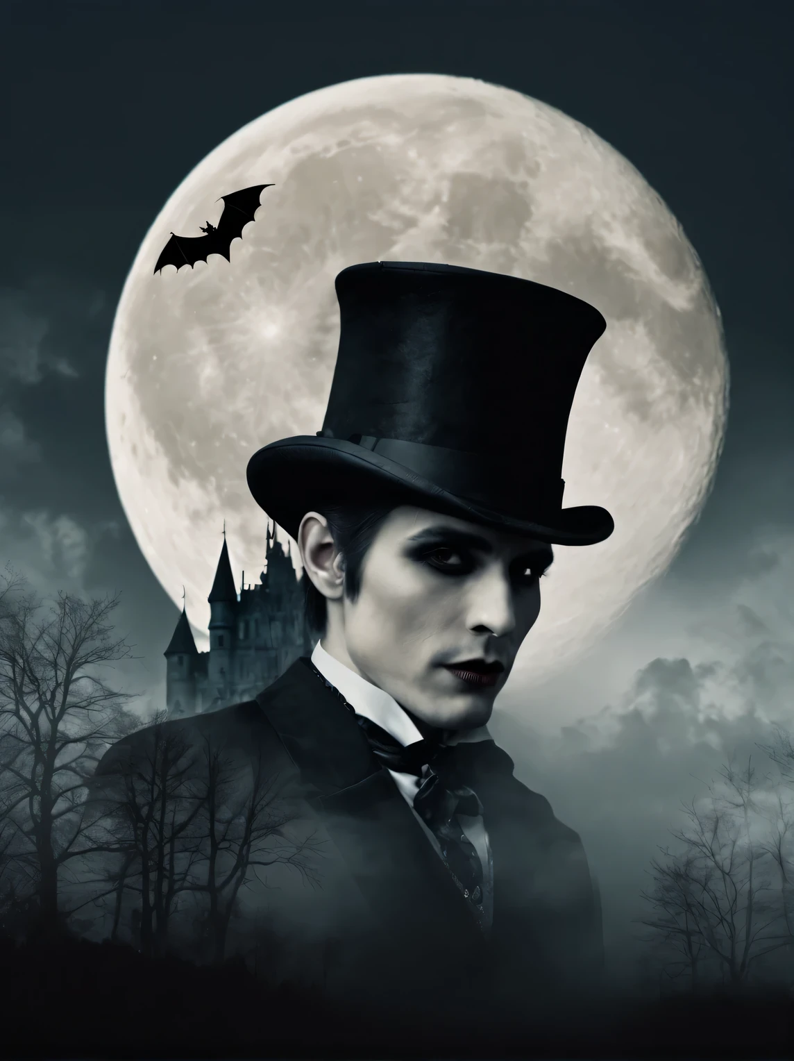 gothic aesthetics, double exposure photography, vampire in a top hat, bats and gothic castle, gloomy palette, High resolution 32K, A high resolution, (double exposure:1.3)