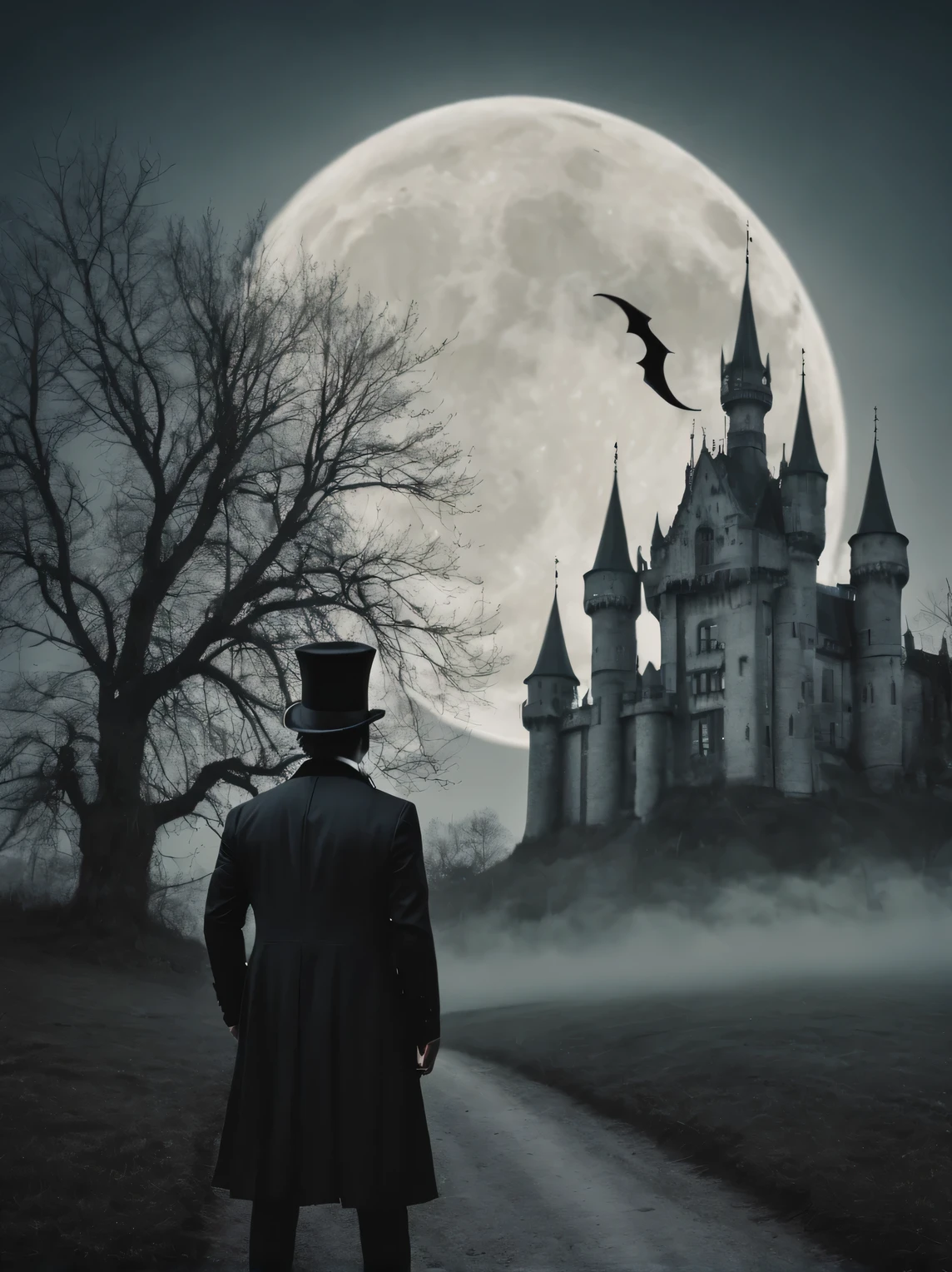 gothic aesthetics, (double exposure) Photo, vampire in a top hat, moon, bats and gothic castle, gloomy palette, High resolution 32K, A high resolution, (double exposure:1.5)