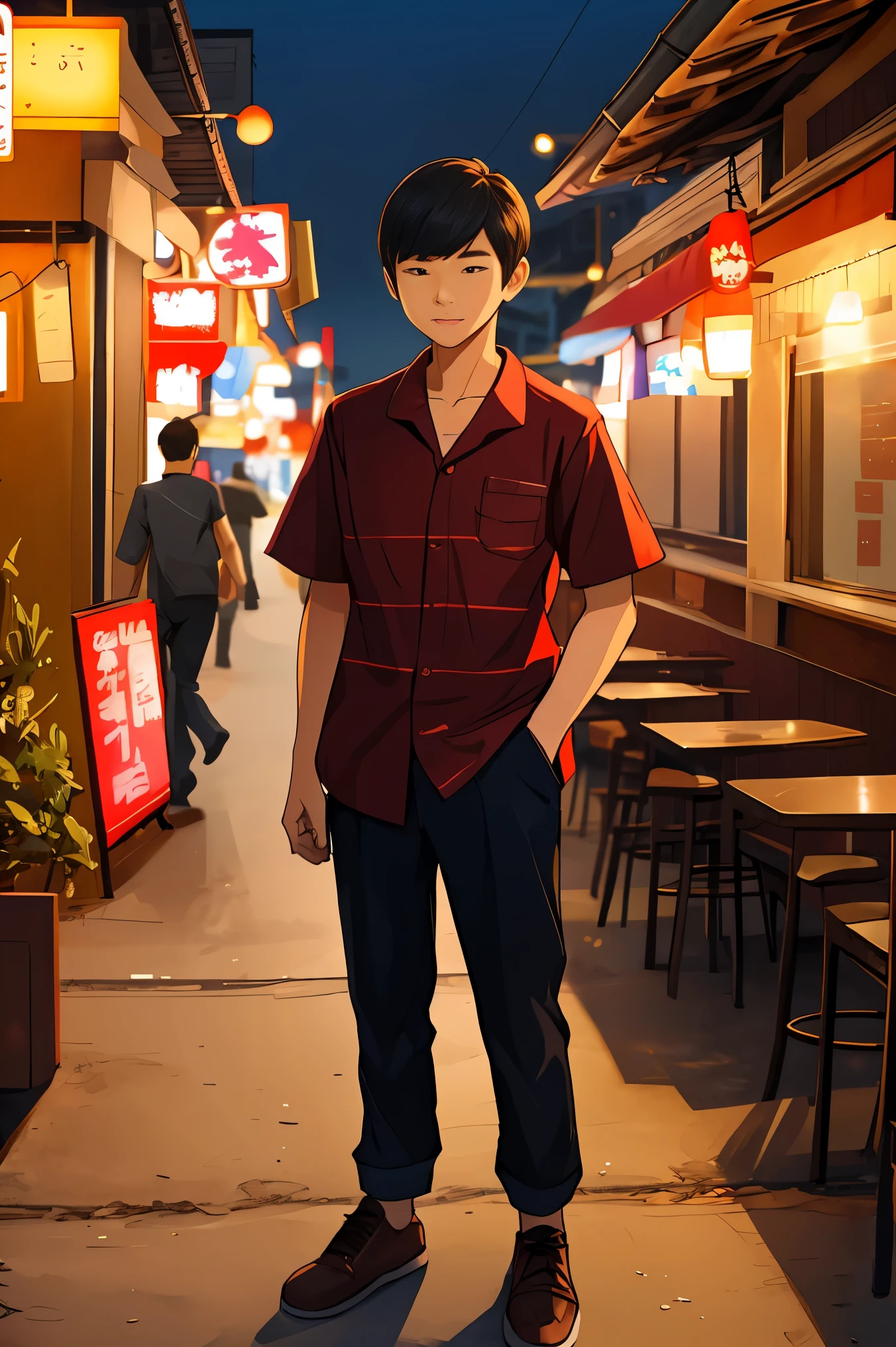 Thai men with short hair Wear a light brown shirt with red stripes. standing in front of a restaurant