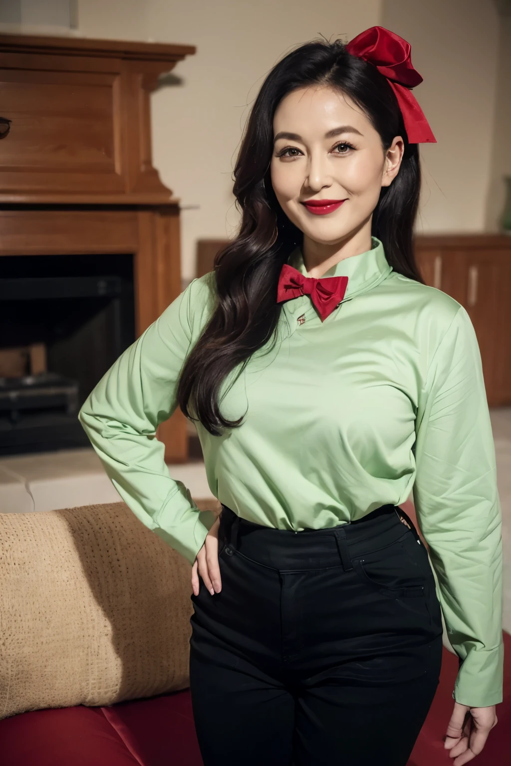 ((top quality、8k、masterpiece:1.3))、sharp focus, High level of image quality, high resolution,,green shirt,red bow tie,black jeans,wavy long hair,modern large living room background,37-year-old female,Mature,charming smile,Draw lips correctly, red lipstick,stand,Slightly fat,medium chest,full-body shot