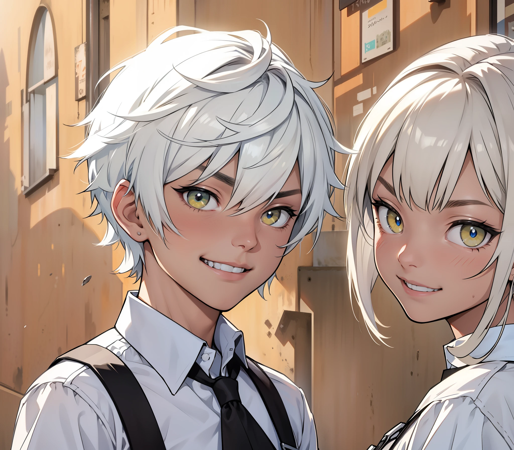 8 year old evil boy has white shirt with black suspenders, esta corriendo para atacar a alguien, poner efectos de velocidad detras de el se ven edificios egipcios, tiene ojos amrillo pelo blanco