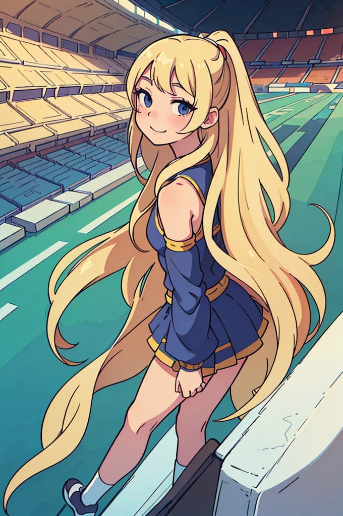 (best quality:0.8) perfect anime illustration, a pretty, happy woman with long straight blonde hair in a stadium wearing cheerleader costume, view from front