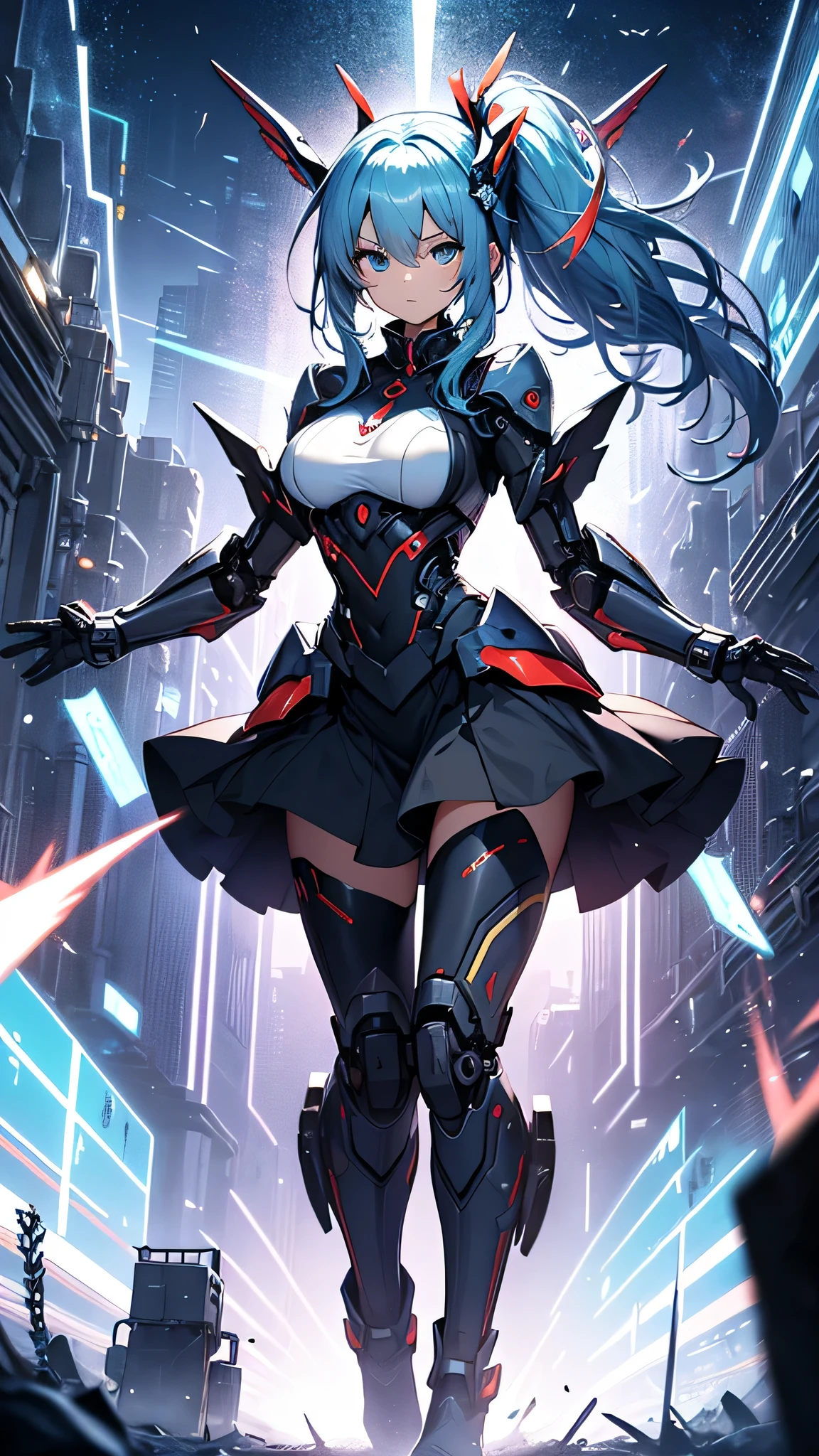 最high quality、best image quality、masterpiece、girl((cyborg、20-year-old、 By becoming、vest bust、medium bust,wide open breast tea、shining eyes, light blue hair、long hair、thin,highest valley、ponytail、robot body、Machine body、half-backed posture、floating state、mechanical sword、sharp mechanical wings、shiny boots、black underwear、black skirt、discharge from the whole body,)),high quality、beautiful art、background((Near future、Machine area、energy field))、Flight、debris flies、Depth of written boundary、movie、visual art、perfect art、8k,genuine、