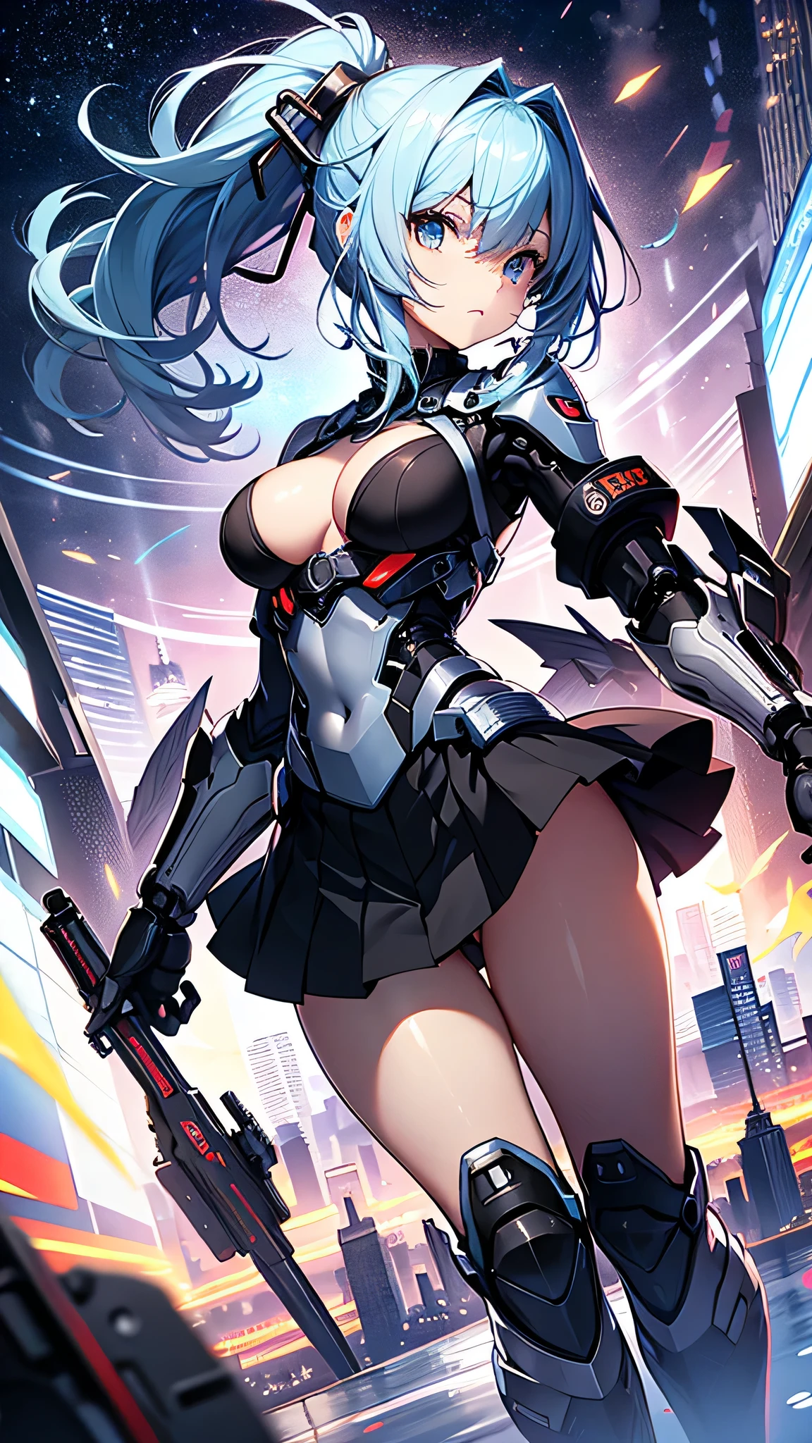 最high quality、best image quality、masterpiece、girl((cyborg、20-year-old、 By becoming、vest bust、medium bust,wide open breast tea、shining eyes, light blue hair、long hair、thin,highest valley、ponytail、robot body、Machine body、half-backed posture、floating state、mechanical sword、sharp mechanical wings、shiny boots、black underwear、black skirt、discharge from the whole body,)),high quality、beautiful art、background((Near future、Machine area、energy field))、Flight、debris flies、Depth of written boundary、movie、visual art、perfect art、8k,genuine、
