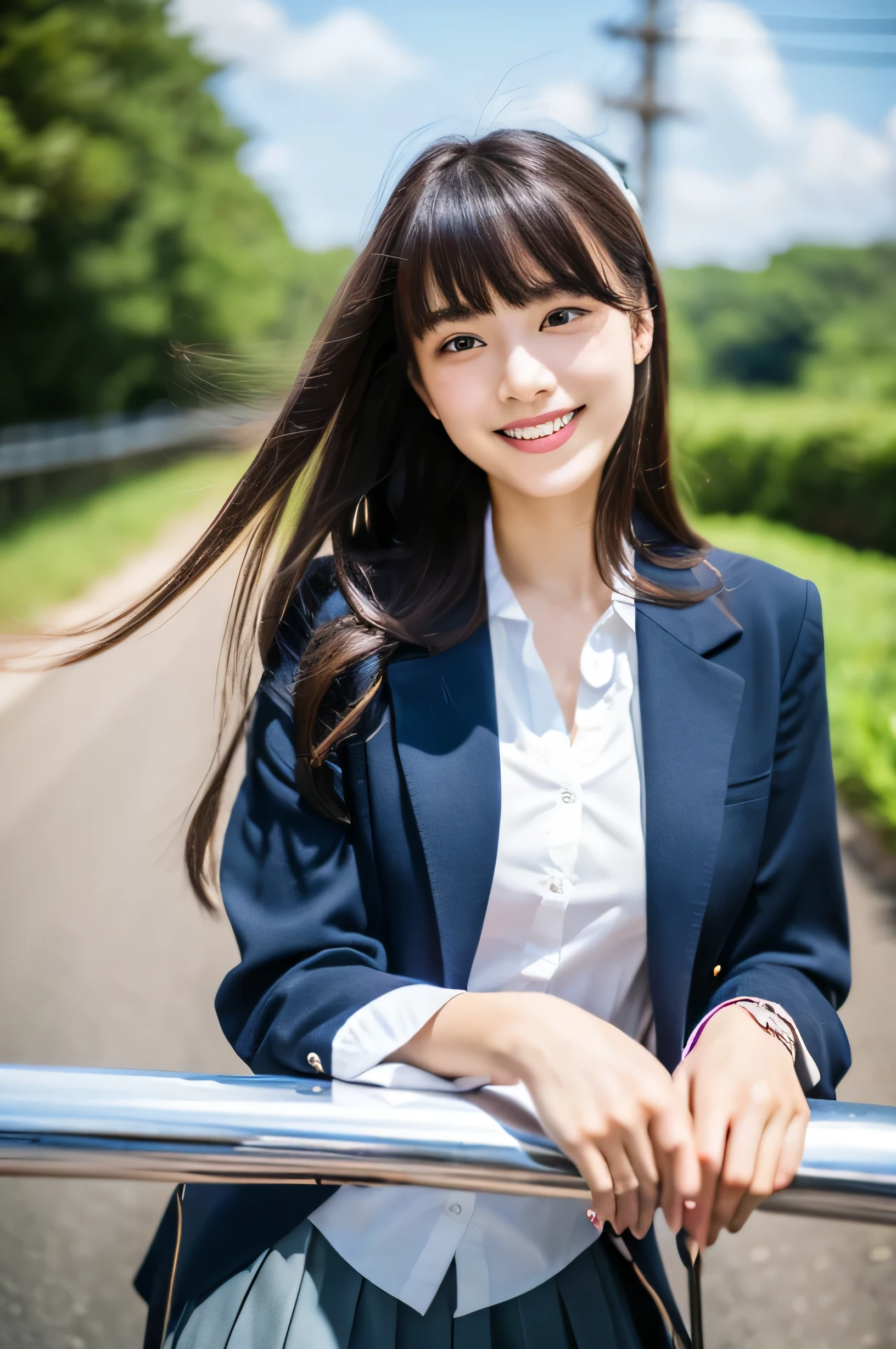 8k、highest quality、masterpiece、超A high resolution、photograph、The elegance of beautiful Japanese women、Single-lens reflex camera、There are some good ones too、A transparent atmosphere、sexy lip、slanted bangs、beautiful face、medium long hair、make bangs、smile、natural soft light、22 year old girl wearing a suit、wear a skirt、country road、riding a bicycle