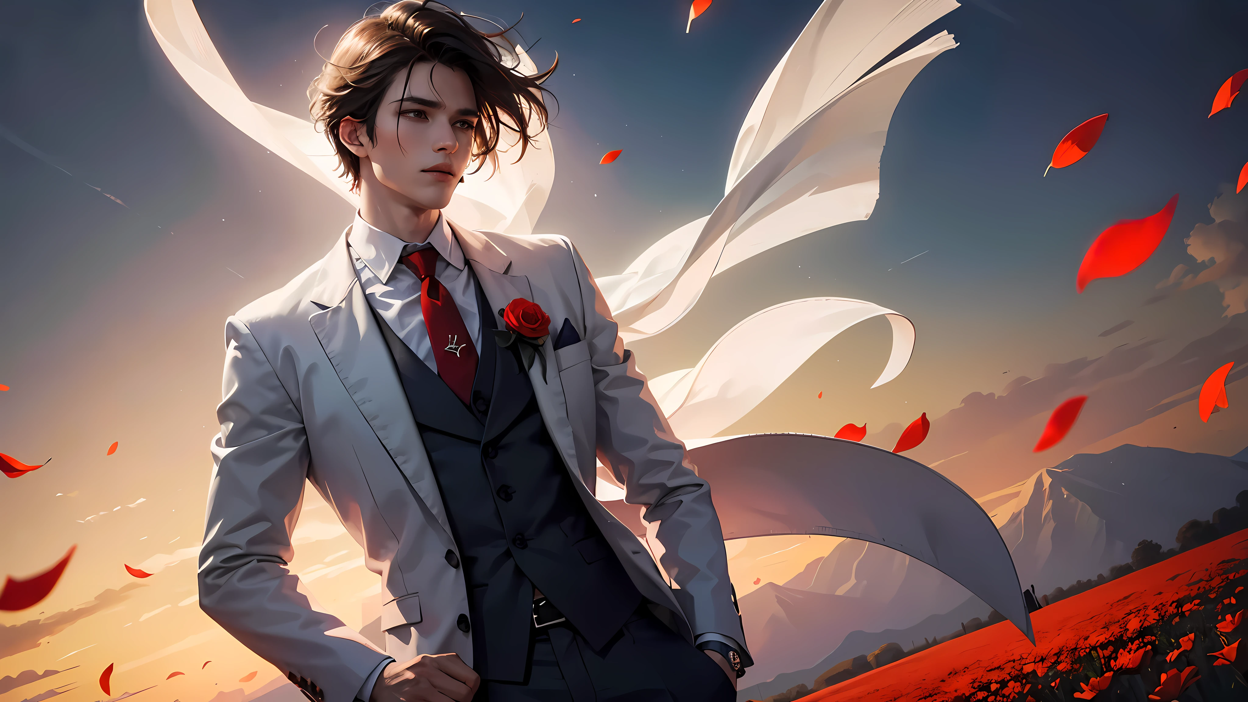 The man is wearing a white suit，Tie. bite a red flower, Tie posture. Floral savanna background. petals flying in the air.Biting flower stem gesture. dark atmosphere, hd background, light and dark balance, sunset halo