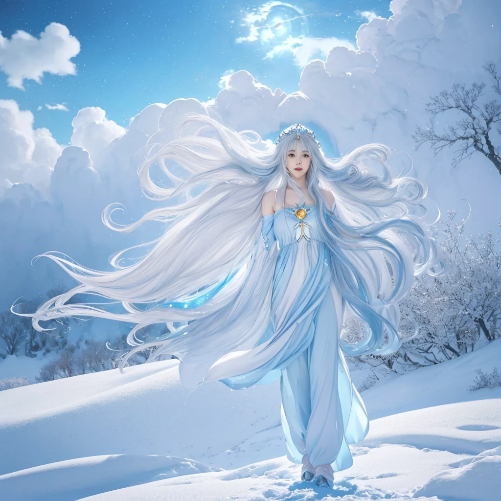 Anime girl with long white hair and a blue dress in the snow, white haired god, white hair floating in the air, anime fantasy illustration, flowing gray hair, beautiful young wind spirit, beautiful fantasy anime, shining flowing hair, fantastic anime, beautiful anime artwork, beautiful digital artwork, anime fantasy artwork, ((beautiful fantasy empress)), 2. 5 d cgi anime fantasy artwork
