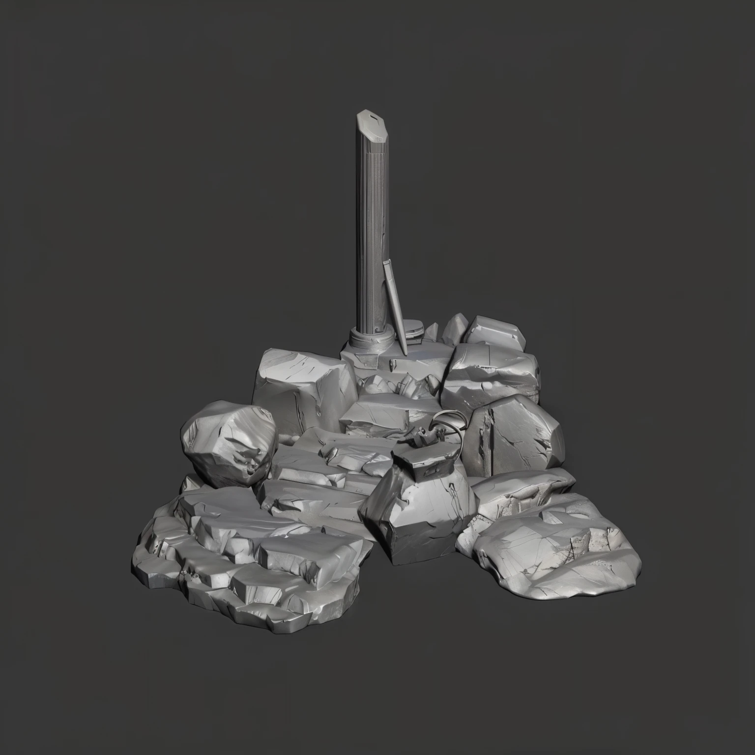 A sky at dawn，sun light background，Sunlight shines on a cliff with a pile of stones and a knife, Strike equipment component, hard surface model, High gathering, High gathering, Hard surface 3D, hard surface modelling, 3d clay rendering, 3D clay rendering, Blender Hard Surface, Hard surface modeling, zbrush hard surface, Monochrome 3D model, Strike equipment, hard surface modeling