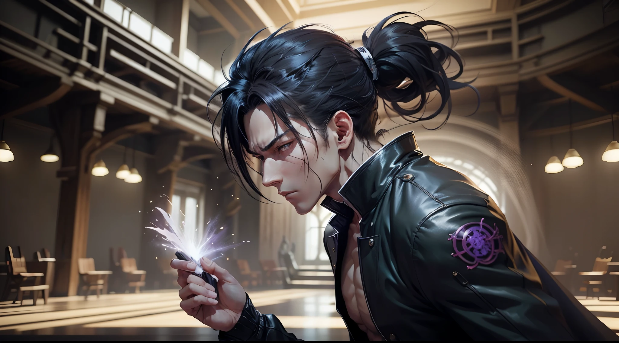epic anime style, Purple lightning, Evil temperament, 20-year-old male shadow assassin, Black halo shines, Shadow Supervisor, handsome face, Brilliant and majestic. Beautiful standard body、Complete body structure. Full body shot of a man holding lightning bolt in his hand, Epic animation about purple energy man, Get into a fighting stance,Long black ponytail fluttering in the wind,Looking at the audience with shining eyes. Cool Gapmoe Yandere, Menacing look, Gintama Toshiro Hijikata, Inspired by Okumura Masanobu, The ancestor of anime art style, Nobutaka Ike, The night battle rages behind him. Maximum image quality 8K, Every detail is in 8K, ModelGhostMix . --automatic