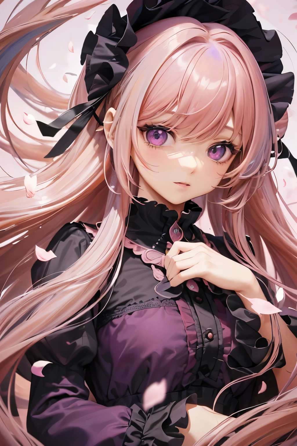 4K quality:1.2,1girl,sense of deps,disorganized,catch light,super beautiful illustrations,((falling petals)),(((pink hair,long hairstyles:1.3))),eye shadow,((black clothes,gothic lolita)),Upper body,;D,beautiful and delicate flowing hair,((Delicate and detailed beautiful purple eyes)),angel wings,emphasized chest