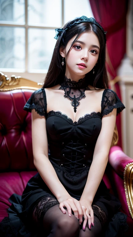 27 years old French girl sitting on the living room of the dark castle, play with the low light and mostly dark room. Only her face is bright, beautiful, delicate and shine. She wears a dark gothic dress with super extraordinary details lace. she wears black dark roses hairpin, she has long black hair and white eyes. pink lips and random pose. realistic photo on her skin and face. background a little bit blur.