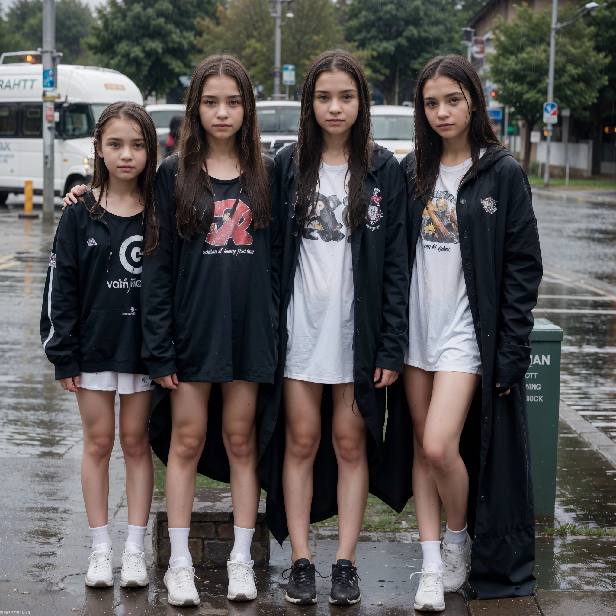 The image shows a group of thin -yeld gi, ((dressed in jackets, t-shirts, blouses, thongs, underwear, panties, tennis shoes)), very cute, at the bus stop in the rain, with all wet clothes, wet hair, 16k, highres, best quality, award winning, high quality, high details, super detail, textured skin, anatomically correct, masterpiece