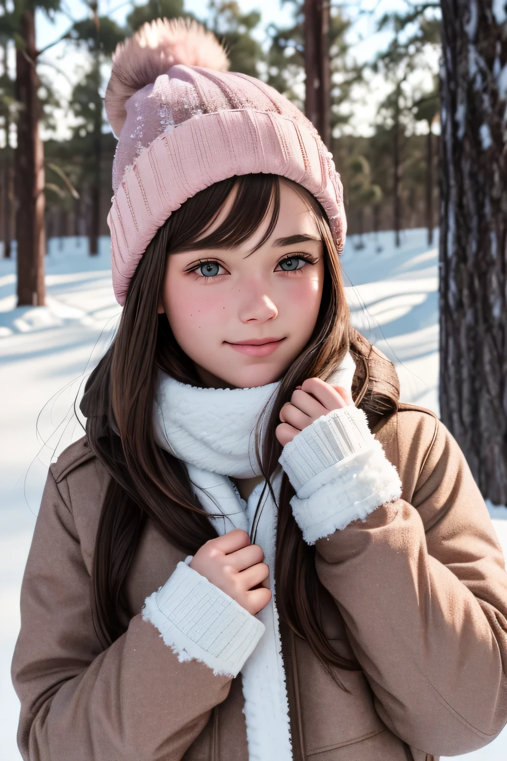 {there is a young girl outside in the snow. she is beautiful, and attractive. she is wearing a pink jacket, winter woolen pants and a pink beanie with little ears stitched to the beanie. she has beautiful long brown hair, and beautiful hazel eyes. she is happy. there is snow falling. she has her hands up as like she is trying to catch the snow. there is a little bit of snow on her too. she is outside. there is snow everywhere. there is also a pine forest in the background.}, {best quality}, {{masterpiece}}, {highres}, {{{8k}}}, extremely detailed girl, {{{caucasian skin}}}, {{{detailed face}}}, {photo-realism}, {{perfect anatomy}}, sharp focus, {{{character{1 girl}}}}, solo, {{{{{sharp focus}}}}}, {{{detailed cloth texture}}}, {{{detailed skin texture}}}, {{{smooth lighting}}}, {{australian decent}}, {{18-years old girl}},