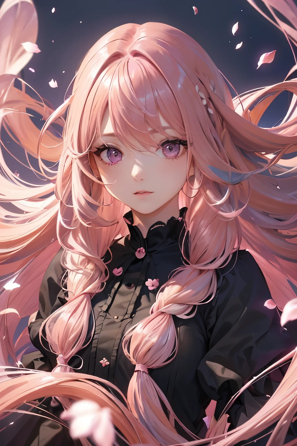 4K quality:1.2,1girl,sense of deps,disorganized,catch light,super beautiful illustrations,((falling petals)),(((pink hair,long hairstyles:1.3))),((Delicate and detailed beautiful purple eyes)),eye shadow,((black clothes,gothic lolita)),Upper body,;D,beautiful and delicate flowing hair,angel wings,emphasized chest
