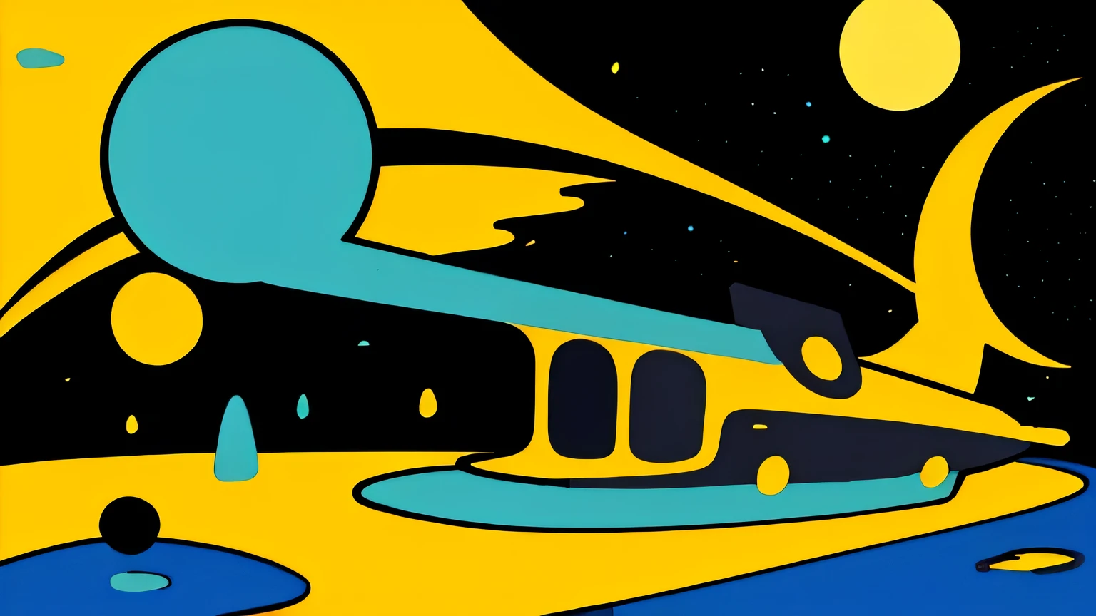 (Ultra Detailed,Ultra High Definition,Detailed Background),((2D)),((Flat Color)),((Colorful)),((Floating Colorful Water))), abstract pop art back ground, sun, moon, space ship