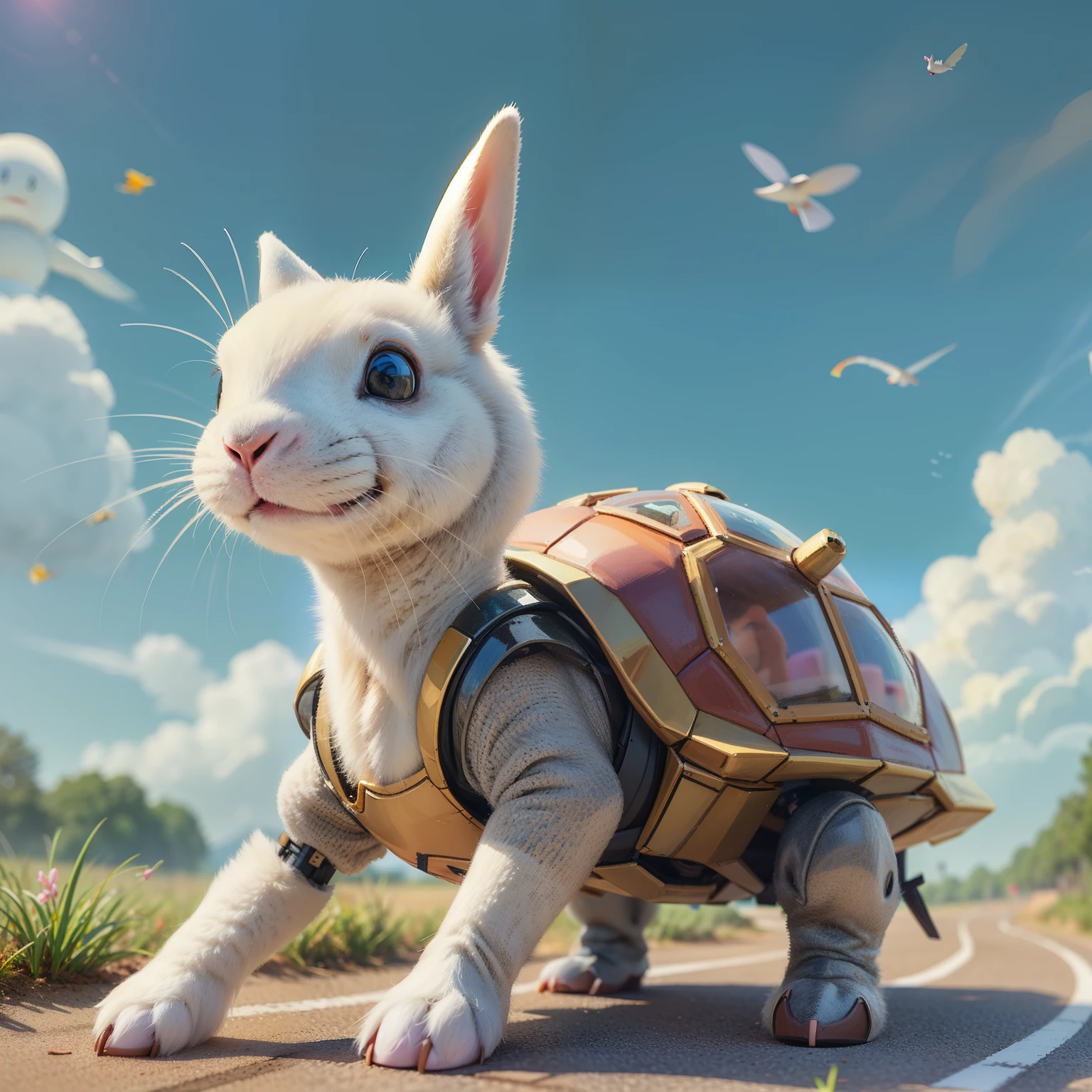 Closeup of rabbit riding turtle on road, cute numbers, Lovely and detailed digital art, by Lee Jeon Suk, author：Yang Jie, mob_Features, by Gao Fenghan, cute numbers艺术, by Song Choi, 🐋 as 🐘 as 🤖 as 👽 as 🐳, Anthropomorphic Rabbit, via Android Jones, by Ryan Yip