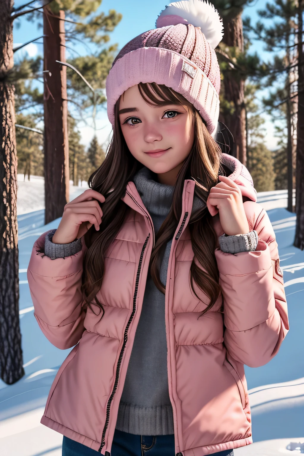 {there is a young girl outside in the snow. she is beautiful, and attractive. she is wearing a pink jacket, winter woolen pants and a pink beanie with little ears stitched to the beanie. she has beautiful long brown hair, and beautiful hazel eyes. she is happy. there is snow falling. she has her hands up as like she is trying to catch the snow. there is a little bit of snow on her too. she is outside. there is snow everywhere. there is also a pine forest in the background.}, {best quality}, {{masterpiece}}, {highres}, {{{8k}}}, extremely detailed girl, {{{caucasian skin}}}, {{{detailed face}}}, {photo-realism}, {{perfect anatomy}}, sharp focus, {{{character{1 girl}}}}, solo, {{{{{sharp focus}}}}}, {{{detailed cloth texture}}}, {{{detailed skin texture}}}, {{{smooth lighting}}}, {{australian decent}}, {{18-years old girl}},