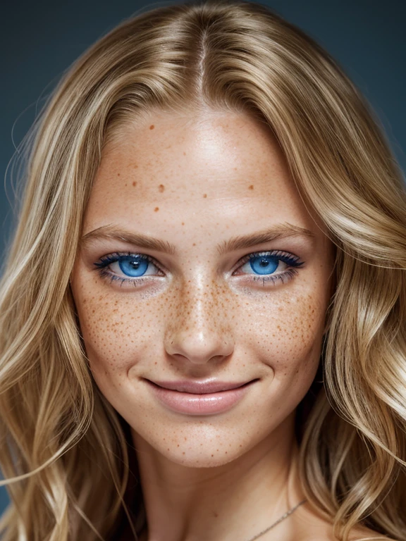 beautiful lady,(light freckles),big smile,shoulders length, wavy blonde hair, expressive blue eyes, expressive face,hyperdetailed photography, portrait, UHD, realistic skin textured, flawed skin, Shot with Canon EOS 50 Mark IV, highly detailed