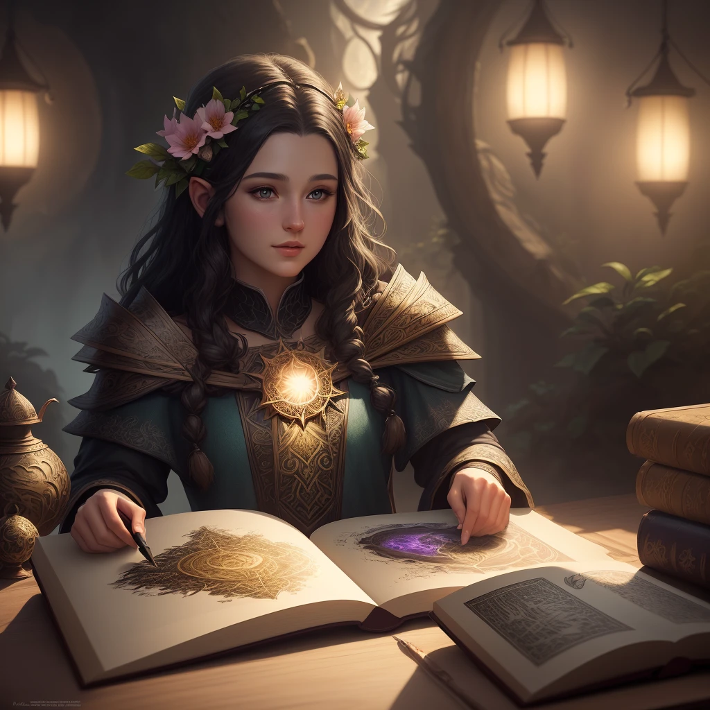 someone is drawing a picture of a abstract 3D shape half sun half moon, foliage and flowers incorporated, light emitting, black background fantasy drawing, realistic fantasy painting, detailed matte fantasy painting, realistic fantasy artwork, realistic fantasy illustration, highly detailed fantasy art, hyperrealistic fantasy art, matte fantasy painting, detailed fantasy art, illustration matte painting, hyperrealistic d & d fantasy art, fantasy book cover painting, detailed