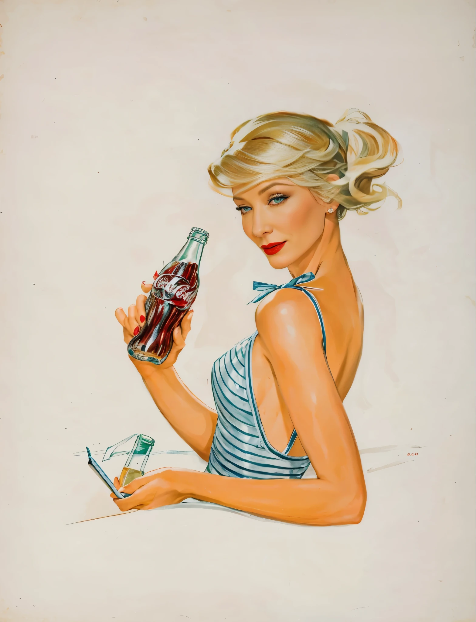Cate Blanchett with red lipstick holding a Coke bottle