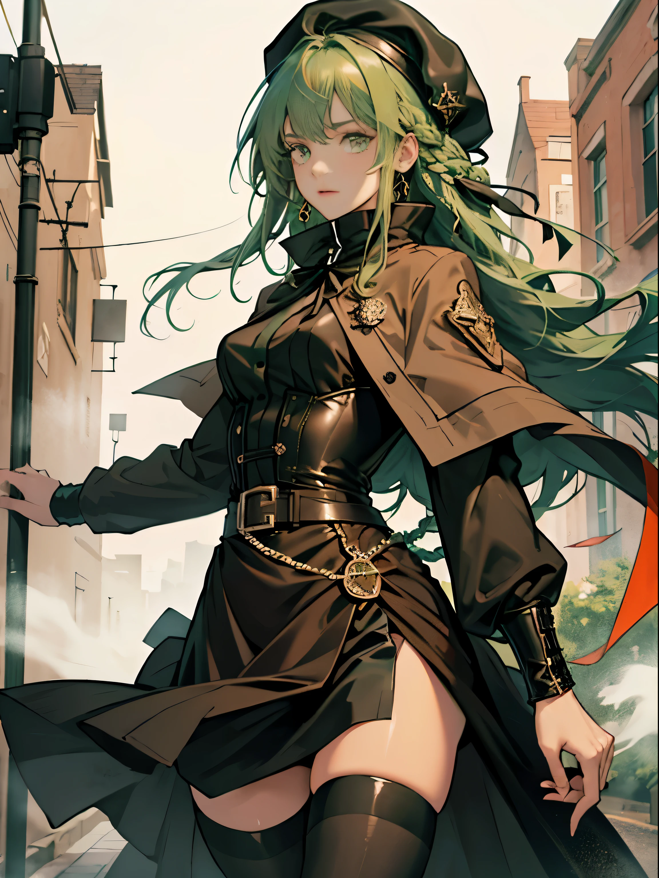 masterpiece, Super detailed, 8K portrait, RAW photo, portrait photography, highly detailed face, beautiful and detailed eyes, ((fantasy)), young and beautiful, 22 years ago, dynamic pose, (((long straight deep green hair))), ((One side is woven with orange ribbon)), dull bangs, beret, white skin color, luxury, hooded (((Dark brown))) (((Silk Long Cloak))) fluttering in the wind, (((dress shirt))), (((silk maxi skirt))), leather corset, (((dark thigh high tights))), High Cut Leather Boots, (((Lift a long magic wand))), ((wear a pocket watch)), midday sun, surreal, body model, small breasts, beautiful breasts, long legs, city, environmental lighting, shadow details , focus the camera on the face, strong wind, light fog
