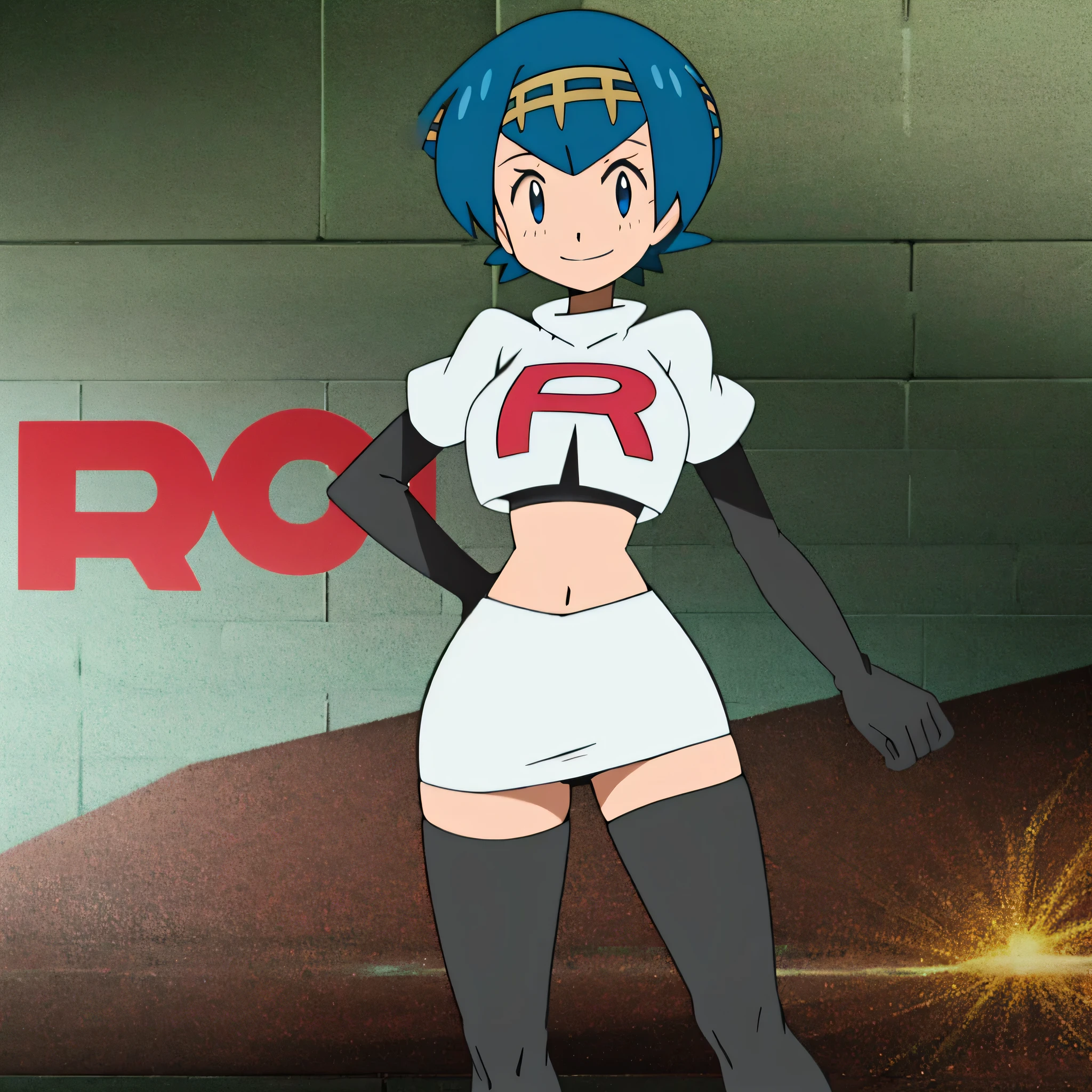 8k,1girl in, (solo:1.1), (perfect body:1.1), (best quality:1.1), very large breast, team rocket, team rocket uniform, red letter r, white skirt,white crop top,black thigh-high boots, black elbow gloves, smiling, looking down at viewer, hands on hips,zettai ryouiki,cowboy shot