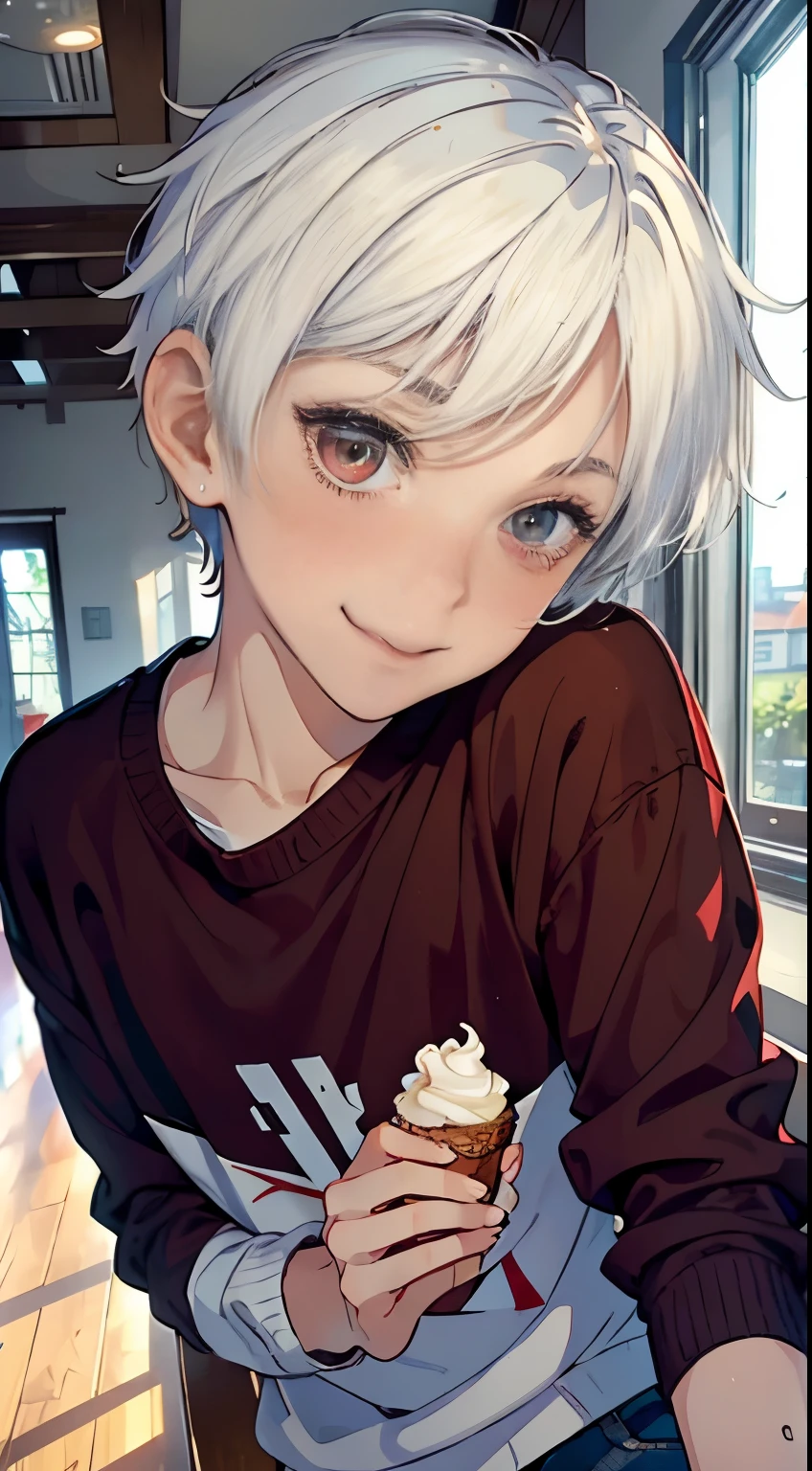 ((masterpiece)),(((best quality))), (high-quality, breathtaking),(expressive eyes, perfect face), 1boy, solo, male, short, young, boy, short white hair, red eyes, smiling, blushing, long sleeve sweater, short shorts, indoors, eat ice cream, cute, sweet, close up