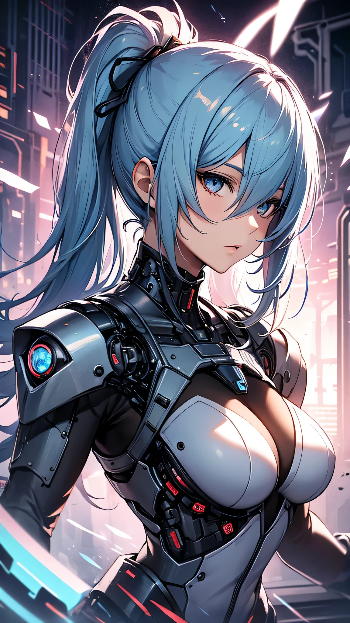 最high quality、best image quality、masterpiece、girl((cyborg、20-year-old、 By becoming、vest bust、medium bust,wide open breast tea、shining eyes, light blue hair、long hair、thin,highest valley、ponytail、action of looking up、full body bandage)),high quality、beautiful art、background((Near future、Machine area、energy field))、Flight、debris flies、Depth of written boundary、movie、visual art、perfect art、8k,genuine、
