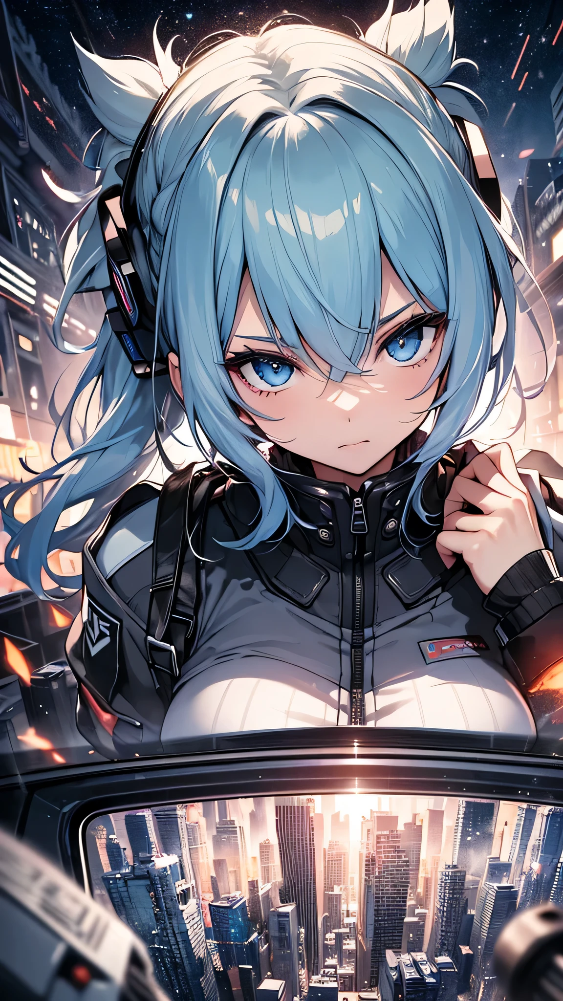 最high quality、best image quality、masterpiece、girl((cyborg、20-year-old、 By becoming、vest bust、medium bust,wide open breast tea、shining eyes, light blue hair、long hair、thin,highest valley、ponytail、action of looking up、full body bandage)),high quality、beautiful art、background((Near future、Machine area、energy field))、Flight、debris flies、Depth of written boundary、movie、visual art、perfect art、8k,genuine、
