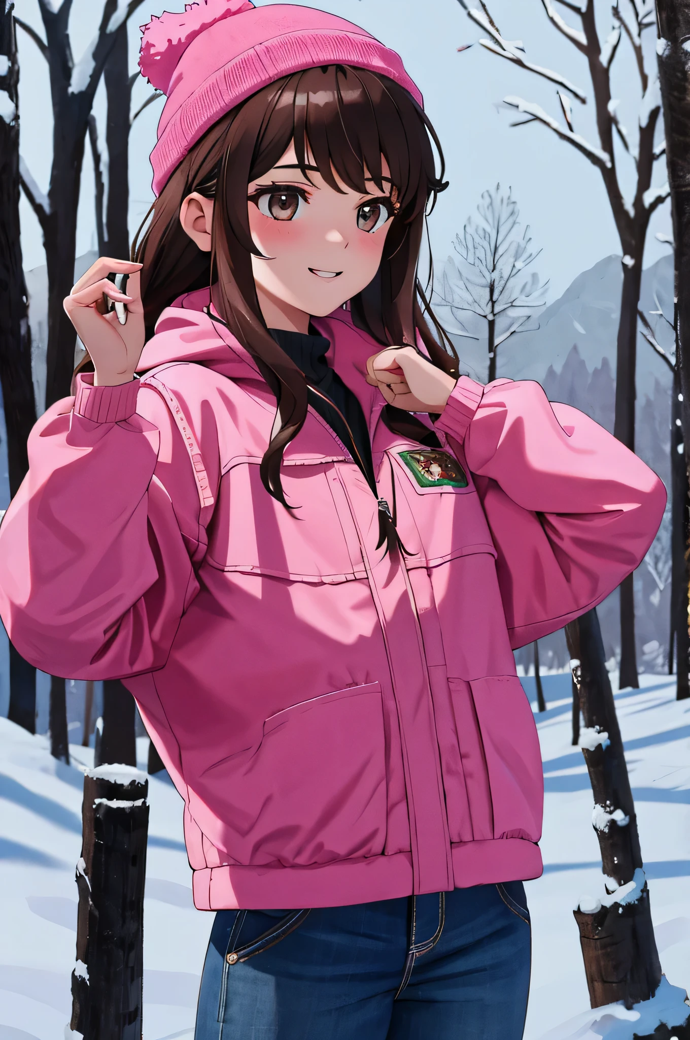 {there is a young girl outside in the snow. she is beautiful, and attractive. she is wearing a pink jacket, winter woolen pants and a pink beanie with little ears stitched to the beanie. she has beautiful long brown hair, and beautiful hazel eyes. she is happy. there is snow falling. she has her hands up as like she is trying to catch the snow. there is a little bit of snow on her too. she is outside. there is snow everywhere. there is also a pine forest in the background.}, {best quality}, {{masterpiece}}, {highres}, {{{8k}}}, extremely detailed girl, {{{caucasian skin}}}, {{{detailed face}}}, {photo-realism}, {{perfect anatomy}}, sharp focus, {{{character{1 girl}}}}, solo, {{{{{sharp focus}}}}}, {{{detailed cloth texture}}}, {{{detailed skin texture}}}, {{{smooth lighting}}}, {{australian decent}}, {{18-years old girl}},