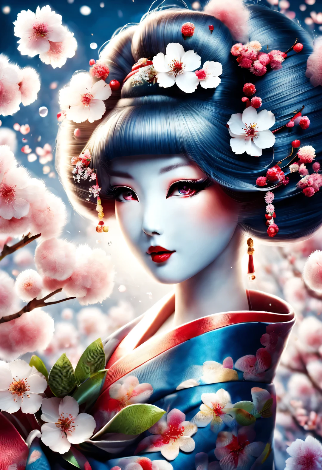 (Geisha stands gracefully under the cherry blossoms,Oiran at the Sakura Festival, Many red cherry blossom petals fall one after another, (whole body)
White makeup on a girl’s face without highlights and shadows. The entire white foundation covers the face and neck. Red lip makeup is a small mouth area that is smaller than normal lips. Thick eyeliner can highlight the outline of the eyes, Strengthen eyes, And make the pupils appear dark and deep. Straight eyebrows are eye-catching but not stiff, Make the whole face clean. Typical Japanese Geisha makeup,
Wearing a gorgeous kimono embroidered with black and gold cherry blossoms, This is a long-sleeved kimono, Wearing Japanese clogs,
background: Deep streets under blue moonlight,
Surrealism, Realistic depiction of light and shadow, Real and exaggerated photos, super high quality, Super details, movie shot, shallow view deep,