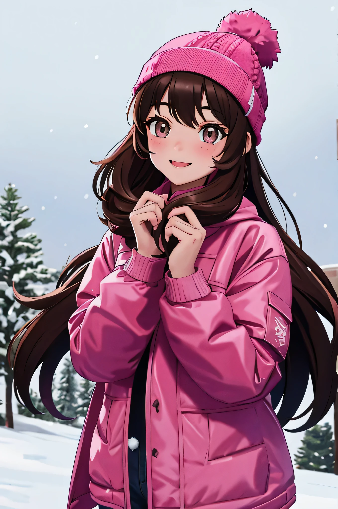 {there is a young girl outside in the snow. she is beautiful, and attractive. she is wearing a pink jacket, winter woolen pants and a pink beanie with little ears stitched to the beanie. she has beautiful long brown hair, and beautiful hazel eyes. she is happy. there is snow falling. she has her hands up as like she is trying to catch the snow. there is a little bit of snow on her too. she is outside. there is snow everywhere. there is also a pine forest in the background.}, {best quality}, {{masterpiece}}, {highres}, {{{8k}}}, extremely detailed girl, {{{caucasian skin}}}, {{{detailed face}}}, {photo-realism}, {{perfect anatomy}}, sharp focus, {{{character{1 girl}}}}, solo, {{{{{sharp focus}}}}}, {{{detailed cloth texture}}}, {{{detailed skin texture}}}, {{{smooth lighting}}}, {{australian decent}}, {{18-years old girl}},