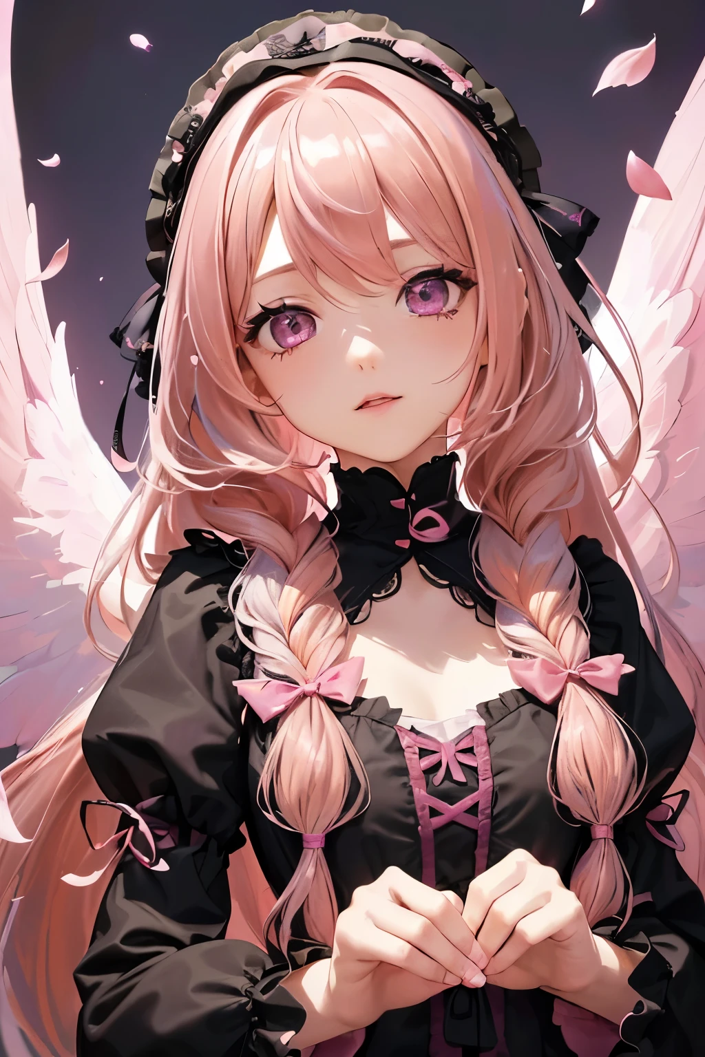 4K quality:1.2,1girl,sense of deps,disorganized,catch light,super beautiful illustrations,((falling petals)),(((pink hair,long hairstyles:1.3))),((Delicate and detailed beautiful purple eyes)),eye shadow,((black clothes,gothic lolita)),Upper body,;D,beautiful and delicate flowing hair,angel wings,emphasized chest