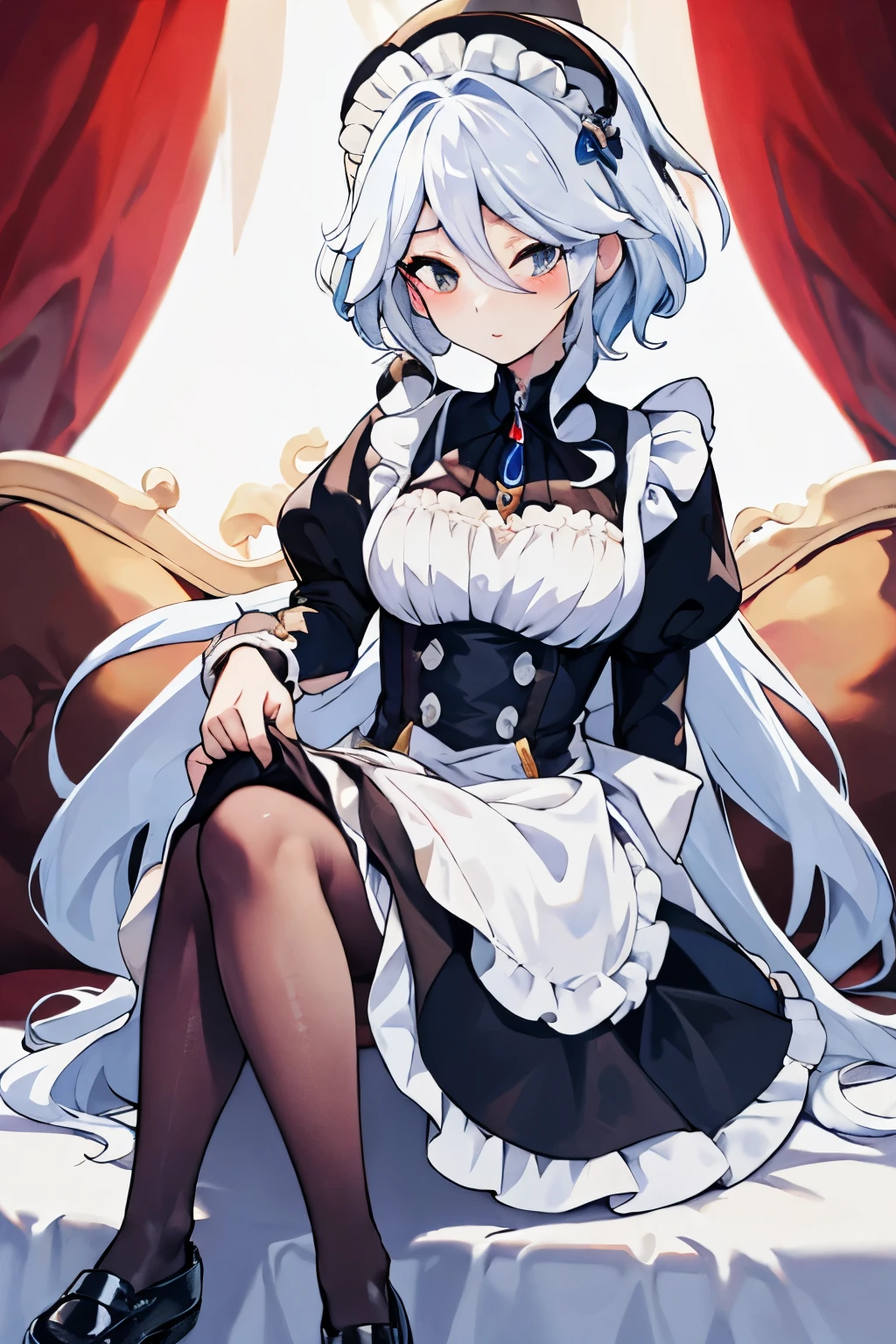 Furina (long hair) , Cute big eyes , mistress , lustful wife ,Beautiful thighs ,Medium bust , Smooth abdomen , maid attire, black pantyhose, student shoes