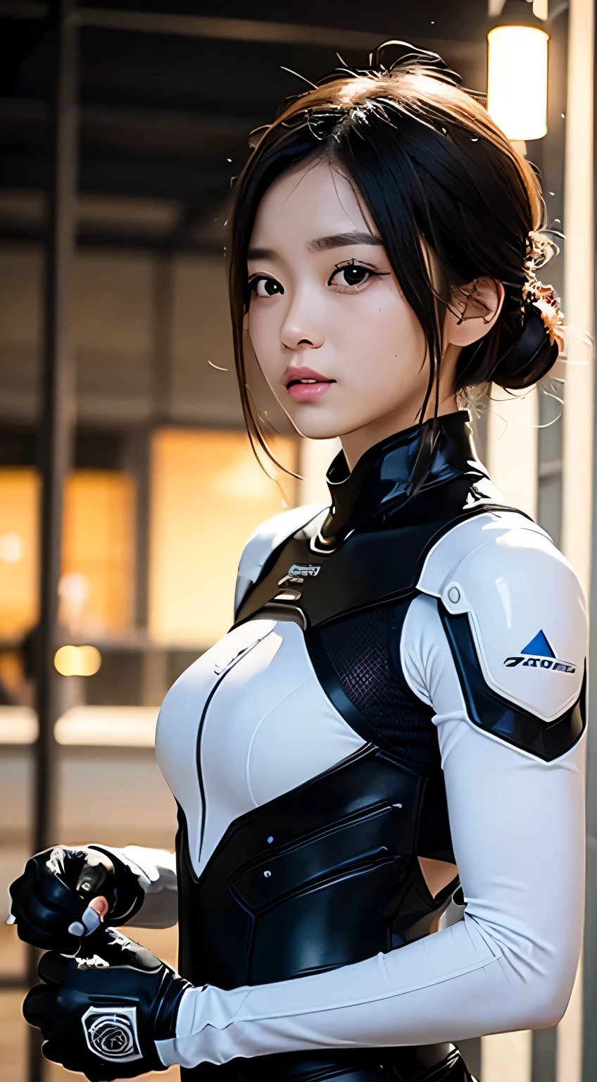 (Photorealsitic:1.4)、(masterpiece:1.3)、(top-quality:1.4)、Woman standing in front of a destroyed building、Beautiful Female Soldier、(wearing futuristic composite plastic armour suit)、beautiful young Japanese woman、Highly detailed facial and skin texture、cyberpunk scene、Night、illuminations、