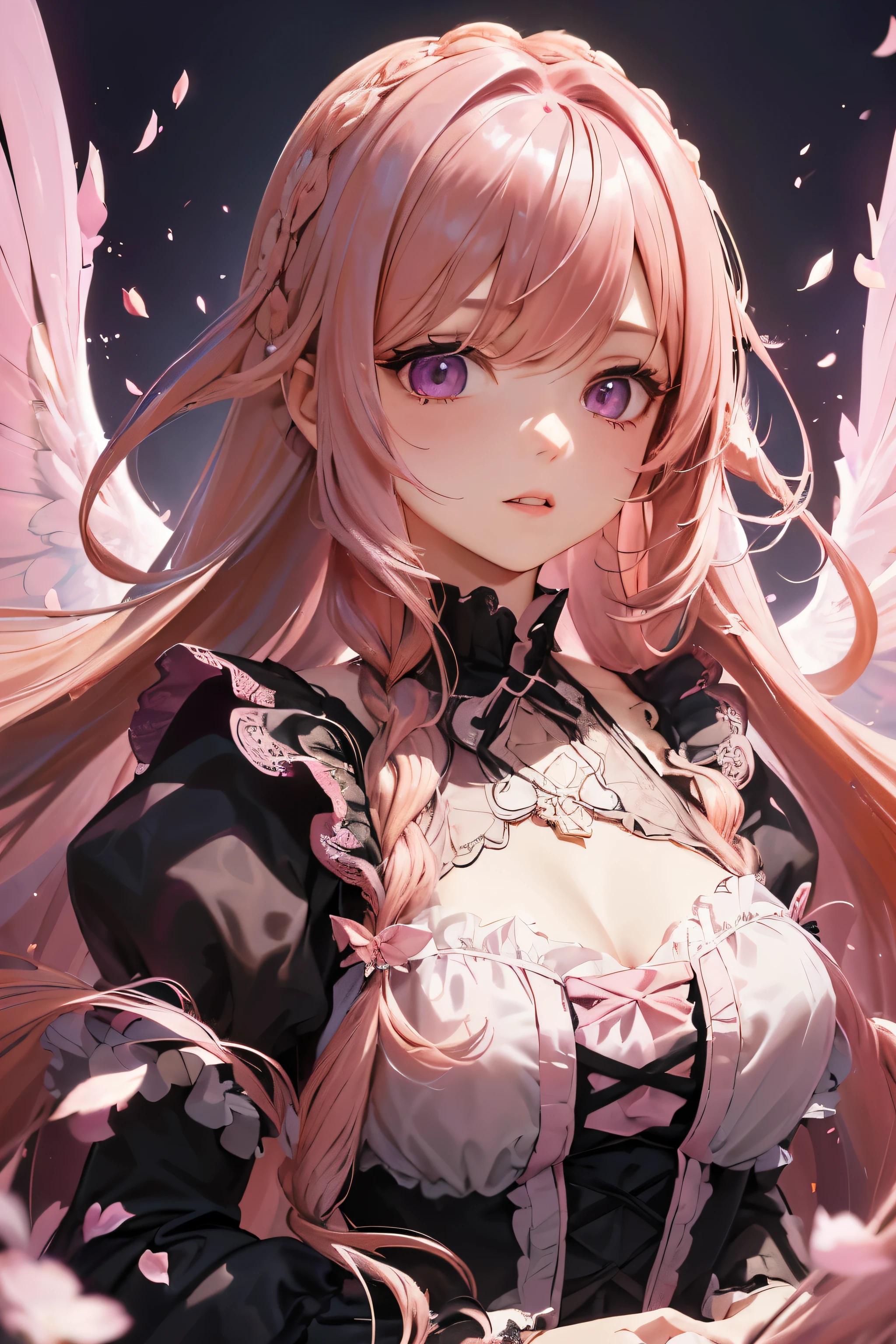 4K quality:1.2,1 girl,sense of depth,confused,catch light,Super beautiful illustration,((falling petals)),(((pink hair,long hairstyles:1.3))),eye shadow,((black clothes,Gothic ta)),Upper body,;D,beautiful and delicate flowing hair,((Delicate and detailed beautiful purple eyes)),angel wings,emphasized chest