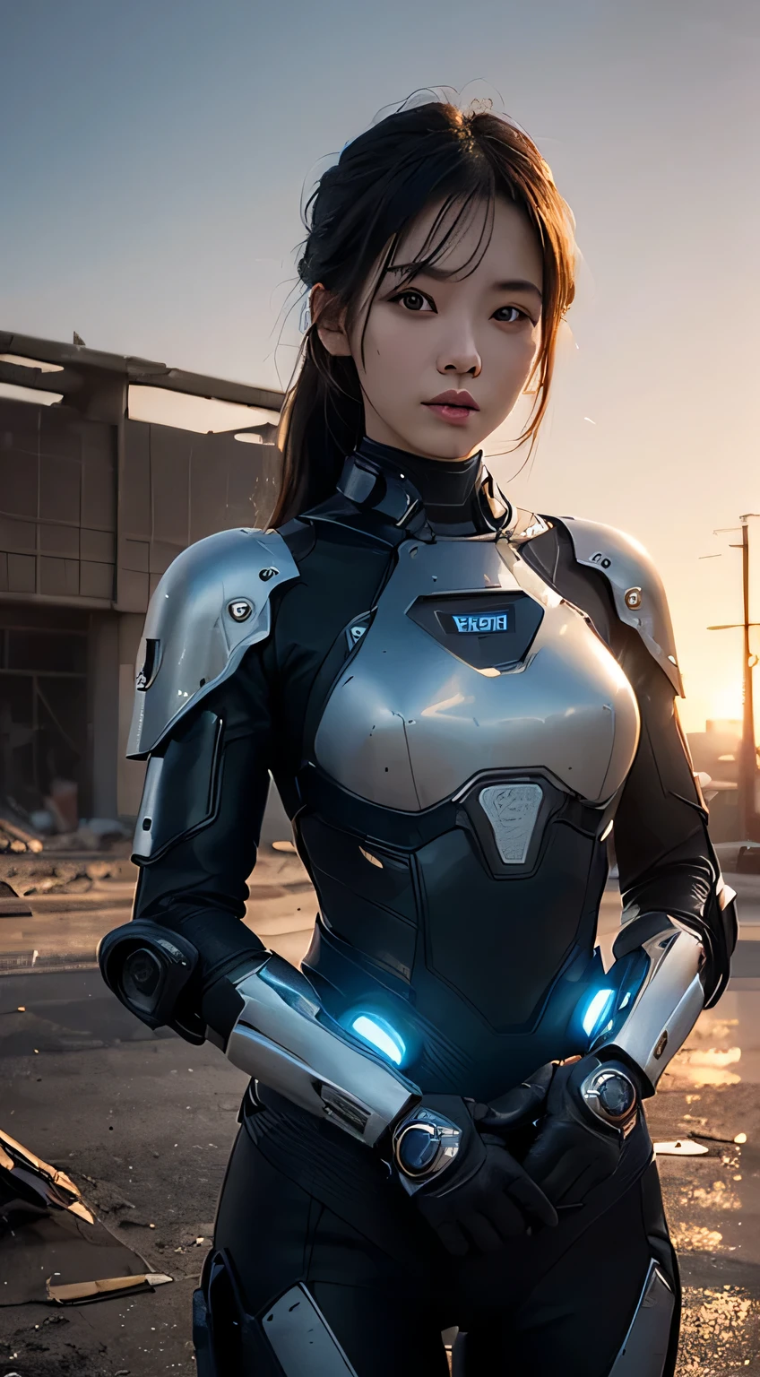 (Photorealsitic:1.4)、(masterpiece:1.3)、(top-quality:1.4)、(Woman standing in front of a destroyed building)、Beautiful Female Soldier、(wearing futuristic composite plastic armour suit)、beautiful young Japanese woman、Highly detailed facial and skin texture、(cyberpunk scene)、Night、illuminations、