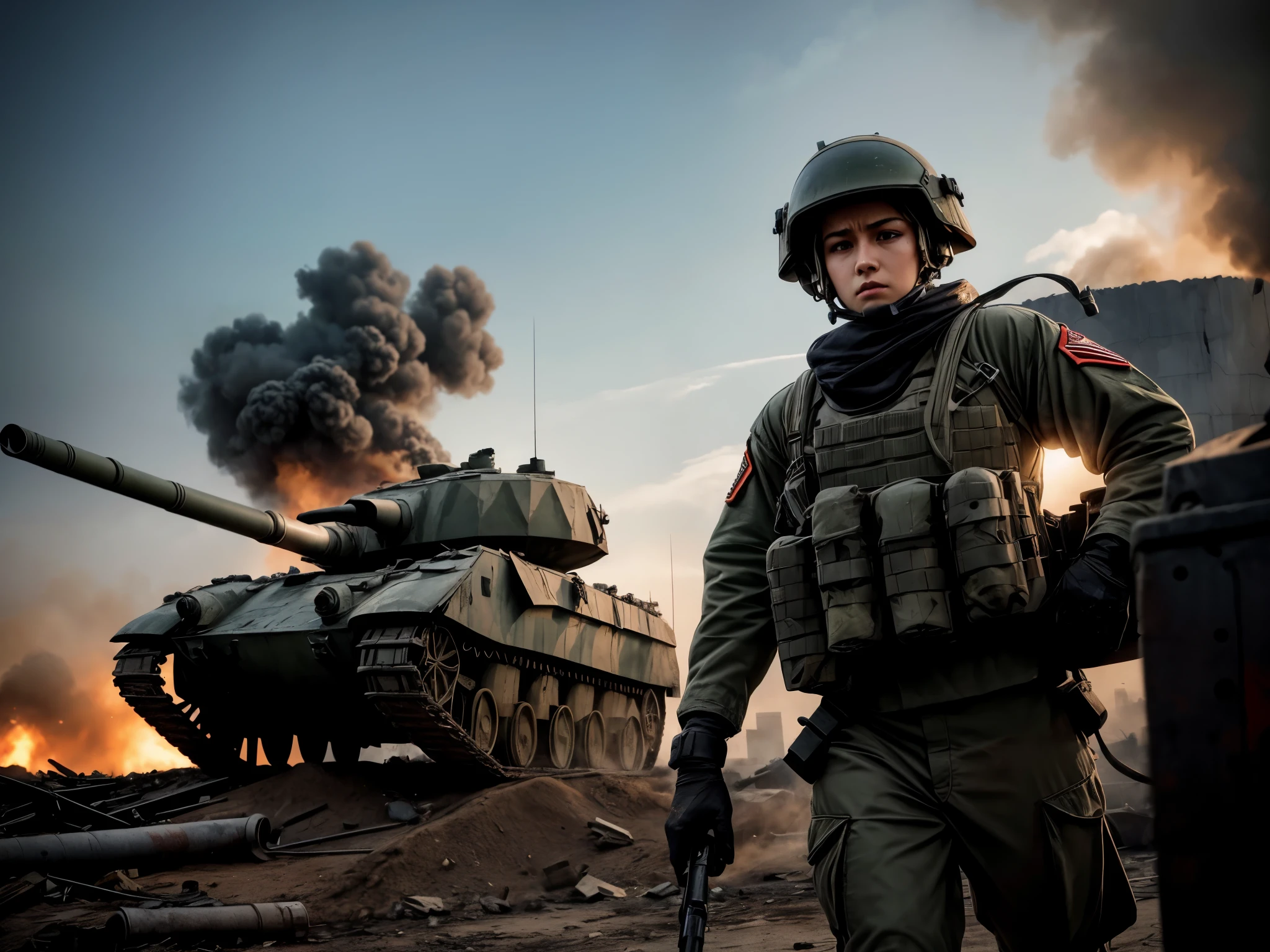 A female soldier in a realistic depiction, dressed in a military uniform, with a determined expression on her face, and holding a weapon firmly. The soldier's attire consists of camouflage clothing and a helmet. The soldier has a muscular build and is in a defensive stance, ready to defend herself against any threats. Her eyes are intense and focused. She has a strong jawline and a determined look in her eyes. Her lips are thin and tightly pressed together. The soldier's skin is flawless, with sweat glistening on her forehead.

The scene is set in a war-torn city, with buildings in ruins and smoke rising from the destruction. The atmosphere is tense and chaotic. The sky is filled with dark clouds, and the sun is barely visible through the smoke and haze. The lighting is dim, with occasional flashes of bright light from explosions.

A Russian tank is positioned behind the soldier, providing cover and support. The tank is heavily armored and painted in camouflage colors. It has a menacing appearance, with a large cannon protruding from the main turret. The tank's tracks are covered in dirt and grime, indicating heavy use in combat.

Above the scene, drones hover in the air, control lights blinking red and green. They are flying in a coordinated attack pattern, swooping down towards the soldier and the tank. The drones are armed with missiles and have cameras attached to capture the action below. Their presence adds to the tension and danger of the situation.

The colors of the image are predominantly dark and desaturated, with a hint of green from the camouflage. The overall tone is gritty and realistic, emphasizing the harshness of the war environment.

The quality of the image is of the utmost importance. It should be rendered in 4k or 8k resolution, showcasing every detail with clarity. The level of detail should be exceptionally high, capturing the textures of the soldier's uniform, the tank's armor, and the ruined cityscape. The image should be photorealistic, with accurate lighting and shading. It should evoke a sense of realism and immerse the viewer in the chaotic atmosphere of the battlefield.

