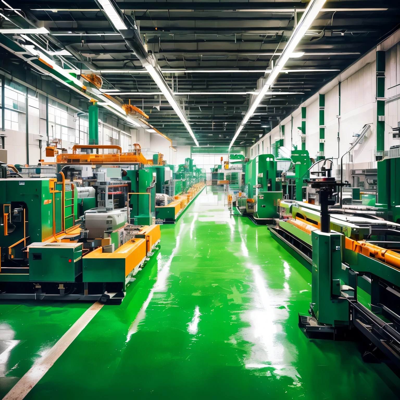 arafed factory with Green floorings and lots of machines, factory floor, interior of a huge robot factory, in a factory, futuristic production facility, industrial factory, factory background, manufacturing, Green flooring, detailed factory, industrial machinery, Clean long line, Advanced technology, small manufacturing, factory, Inside the warehouse, industrial space, high-tech implants