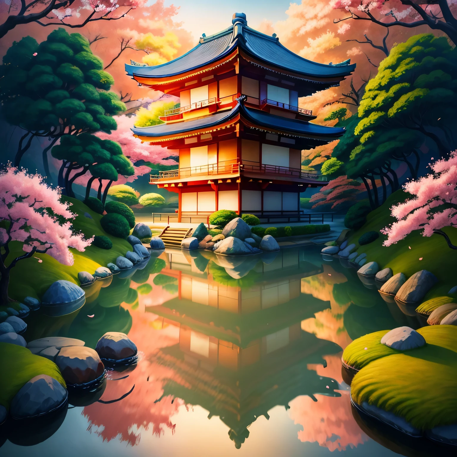 (digital painting),(highest quality), Tranquil Japanese Garden, Cherry tree in full bloom, Koi Pond, pedestrian bridge, pagoda, Ukiyo-e art style, Hokusai inspiration, popular deviant art, 8K super realistic, pastel color scheme, soft lighting, golden hour, quiet atmosphere, Landscape