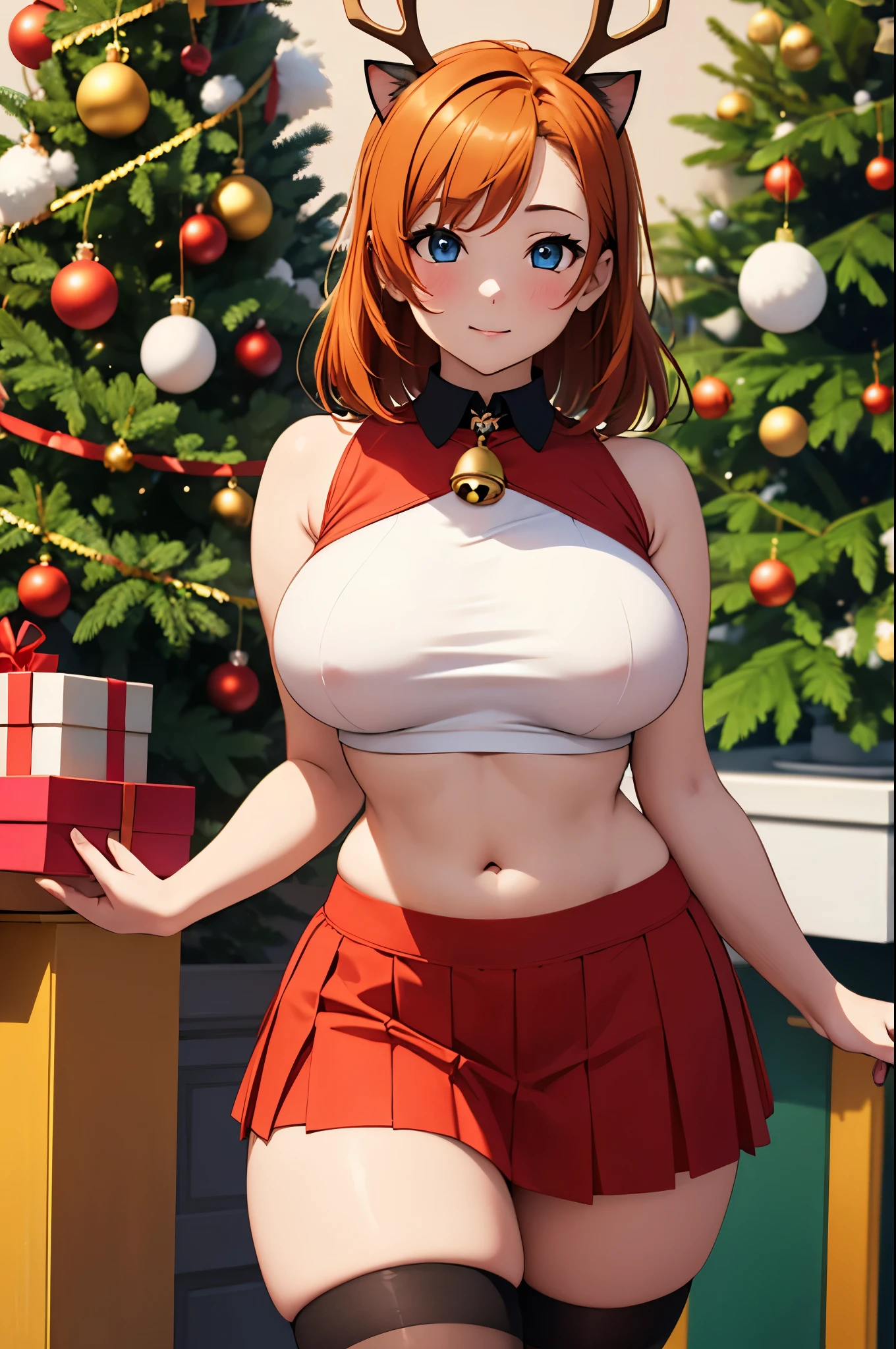 (Masterpiece, Best Quality, High Quality), (curvy body:1.5),kousaka honoka, orange hair, blue eyes, beautiful, tight , Blushing, bangs, skirt, large breasts, thighhighs, navel, ((exposed areolas)),animal ears, bare shoulders, underwear, standing, panties, tail, midriff, miniskirt, blunt bangs, white panties, collar, crop top, cat tail, bell, underboob, looking at viewer, pantyshot, christmas, jingle bell, neck bell, upskirt, arm at side, brown skirt, microskirt, antlers, christmas tree