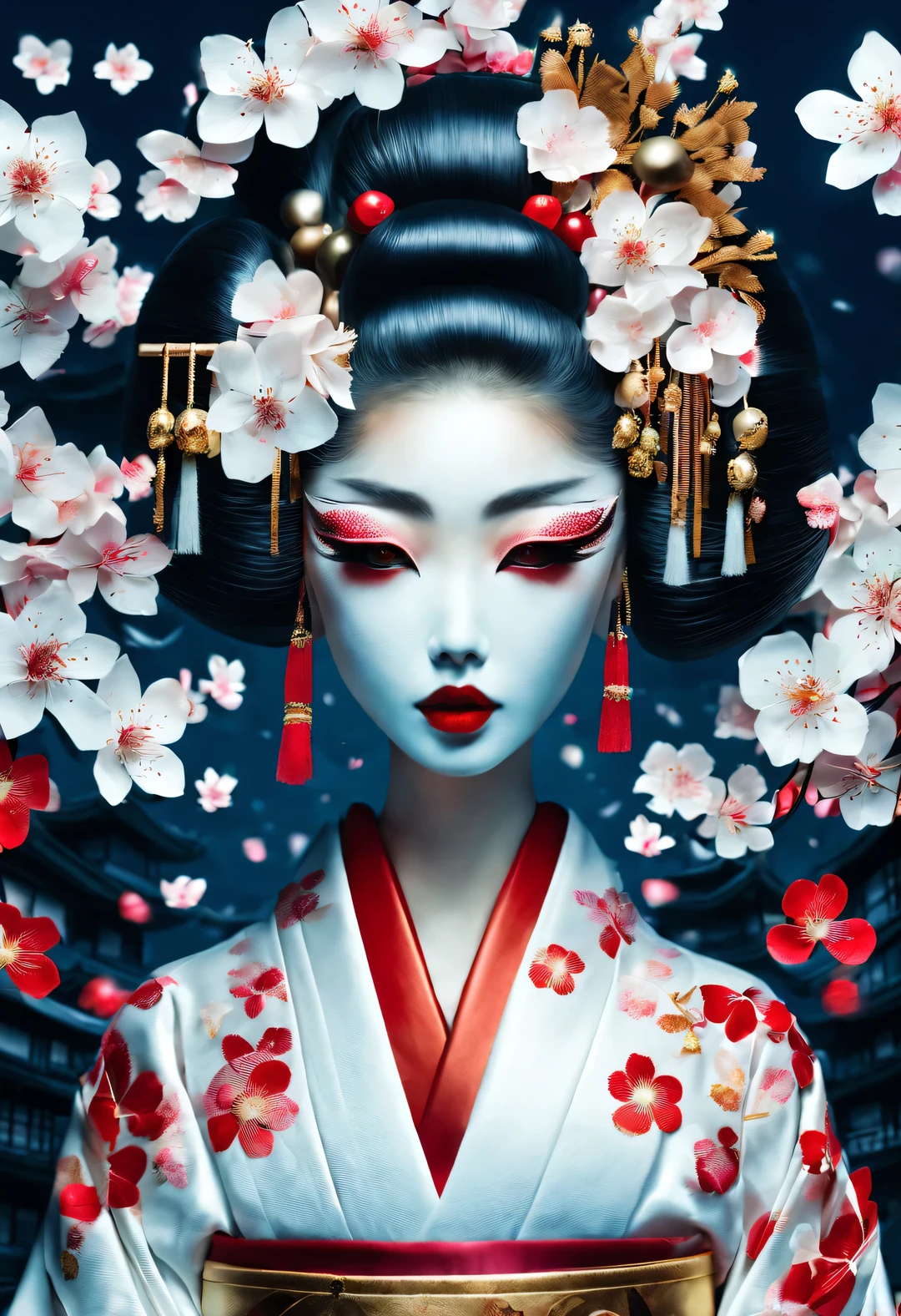 Gothic aesthetics,Gothic aesthetics,(Geisha stands gracefully under the cherry blossoms,Oiran at the Sakura Festival, Many red cherry blossom petals fall one after another, (whole body)
White makeup on a girl’s face without highlights and shadows. The entire white foundation covers the face and neck. Red lip makeup is a small mouth area that is smaller than normal lips. Thick eyeliner can highlight the outline of the eyes, Strengthen eyes, And make the pupils appear dark and deep. Straight eyebrows are eye-catching but not stiff, Make the whole face clean. Typical Japanese Geisha makeup,
Wearing a gorgeous kimono embroidered with black and gold cherry blossoms, This is a long-sleeved kimono, Wearing Japanese clogs,
background: Deep streets under blue moonlight,
Surrealism, Realistic depiction of light and shadow, Real and exaggerated photos, super high quality, Super details, movie shot, shallow view deep,