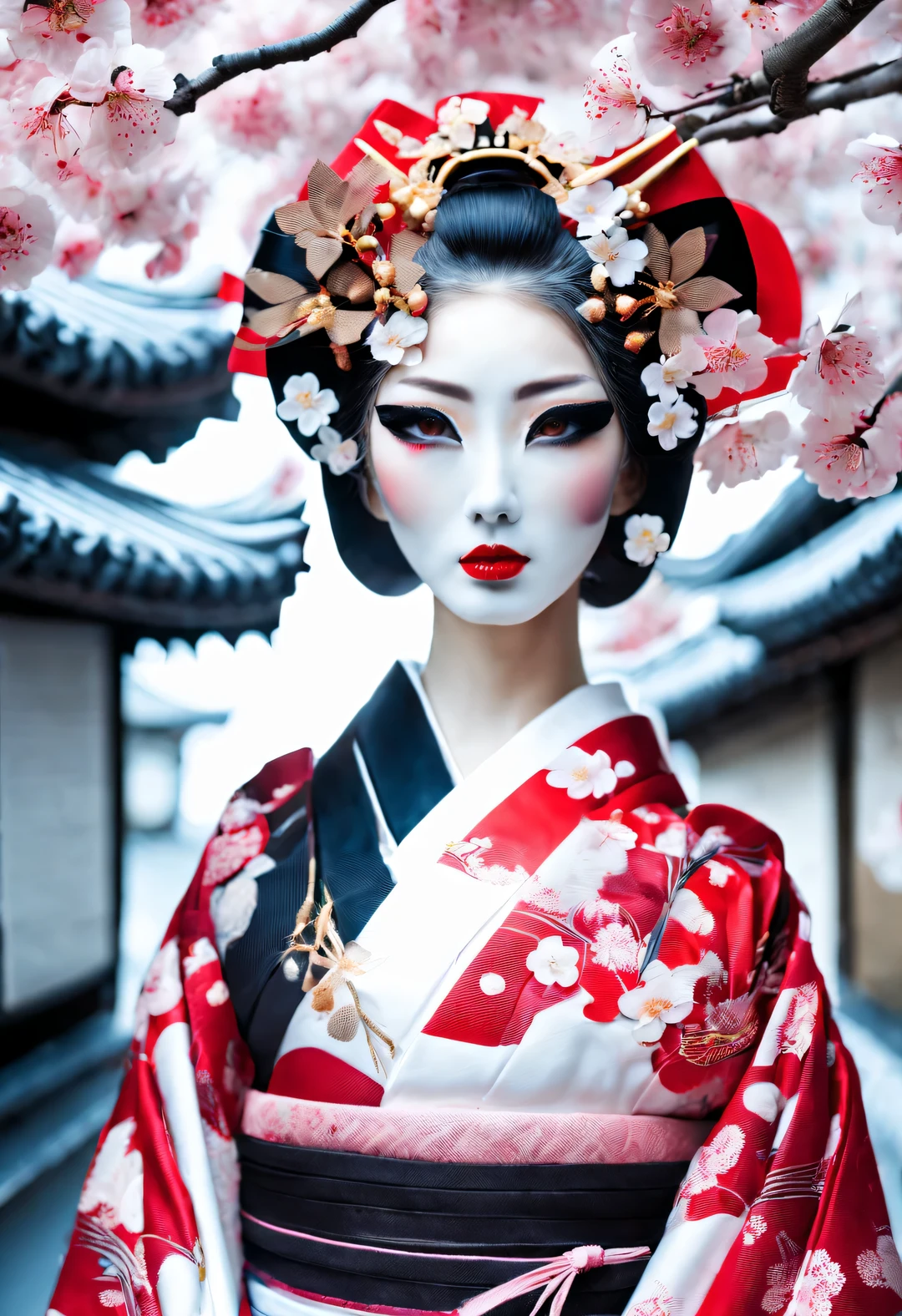 Gothic aesthetics,Gothic aesthetics,(Geisha stands gracefully under the cherry blossoms,Oiran at the Sakura Festival, Many red cherry blossom petals fall one after another, (whole body)
White makeup on a girl’s face without highlights and shadows. The entire white foundation covers the face and neck. Red lip makeup is a small mouth area that is smaller than normal lips. Thick eyeliner can highlight the outline of the eyes, Strengthen eyes, And make the pupils appear dark and deep. Straight eyebrows are eye-catching but not stiff, Make the whole face clean. Typical Japanese Geisha makeup,
Wearing a gorgeous kimono embroidered with black and gold cherry blossoms, This is a long-sleeved kimono, Wearing Japanese clogs,
background: Deep streets under blue moonlight,
Surrealism, Realistic depiction of light and shadow, Real and exaggerated photos, super high quality, Super details, movie shot, shallow view deep,