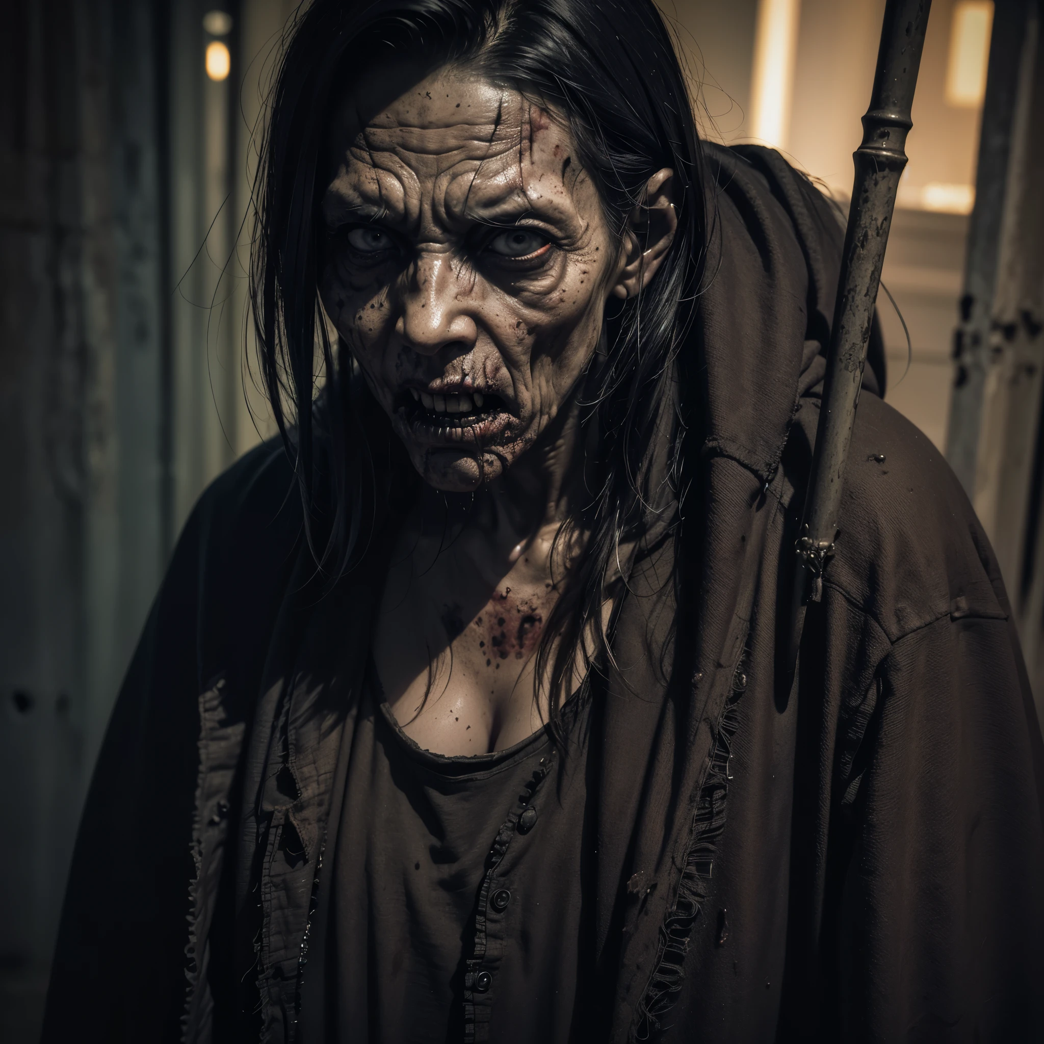 scary,zombie man,walking dead,(best quality,8k,height,Masterpiece:1.2),very detailed,(realistic,photorealistic,photo-realistic:1.37),The atmosphere is gloomy..,mysterious light,Horror genre,disgusting,rotting flesh,blood splatter,Rotten clothes,Sharp teeth,empty eyes,horror movie scene,Abandoned roads,Post-apocalyptic settings,Hordes of zombies,horror makeup,A haunted expression,Living things that never die,creepy shadow,The atmosphere was ominous..,annoy,terrifying,Nightmare,งานศิลปะที่disgusting,Dark and twisted,horror Masterpiece,scary,Ghoul,evil appearance,disgusting scenery,Art Horror,Screaming like crazy,บรรยากาศscary,Bokeh